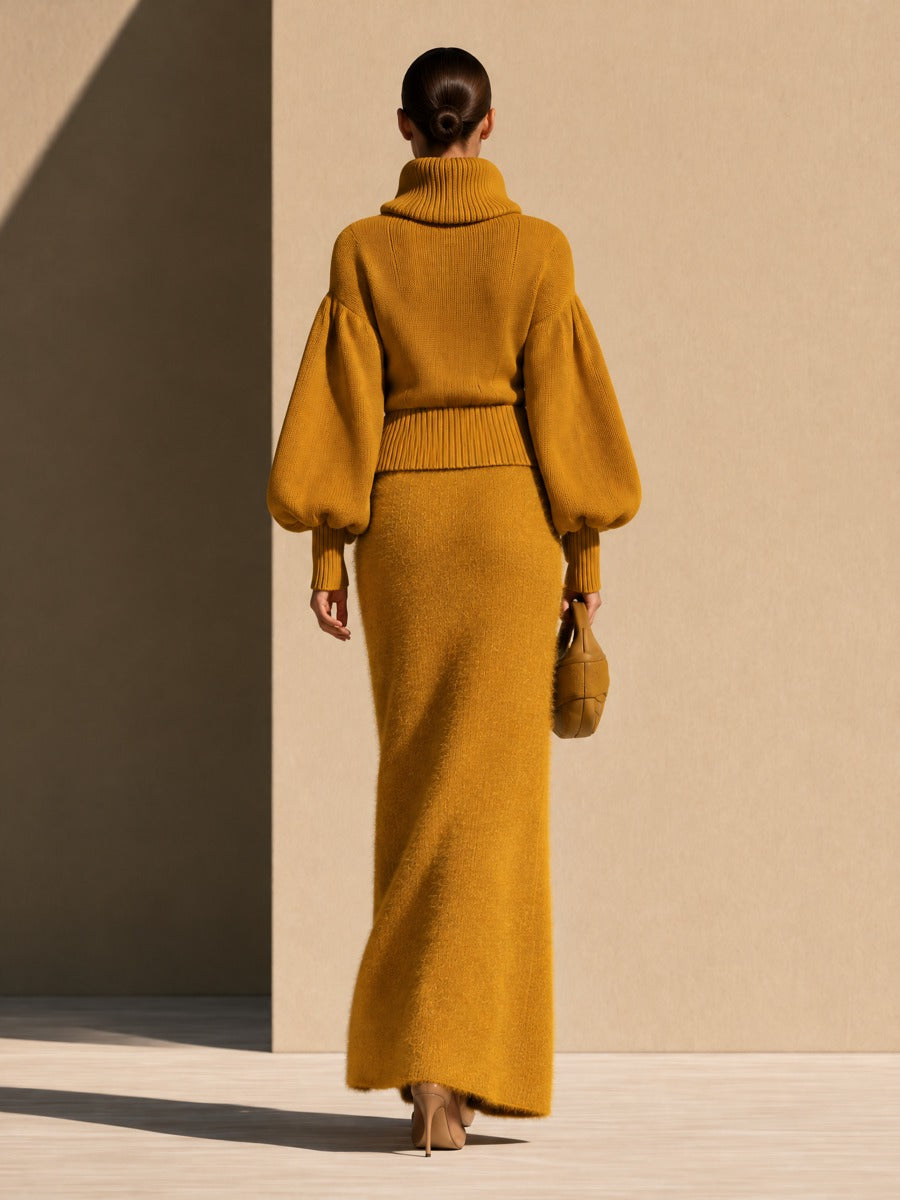 Women's Cable-Knit Turtleneck Balloon Sleeve Sweater