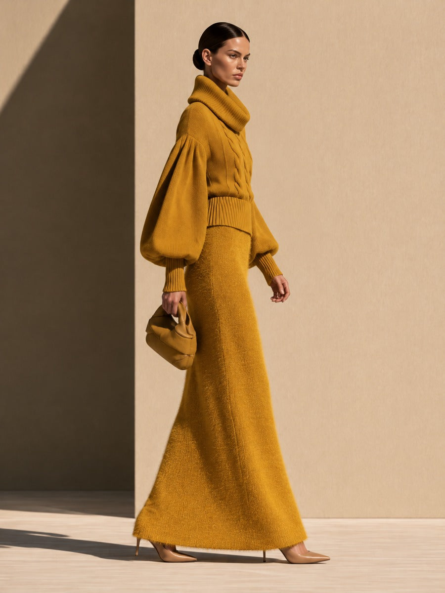 Women's Fluffy Textured Knit Mustard Yellow Maxi Skirt