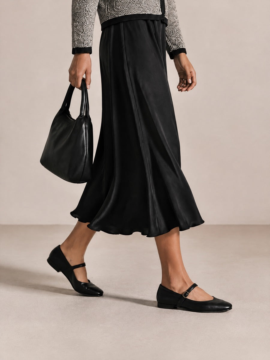 Women's Solid Satin Elegant A-Line Midi Skirt