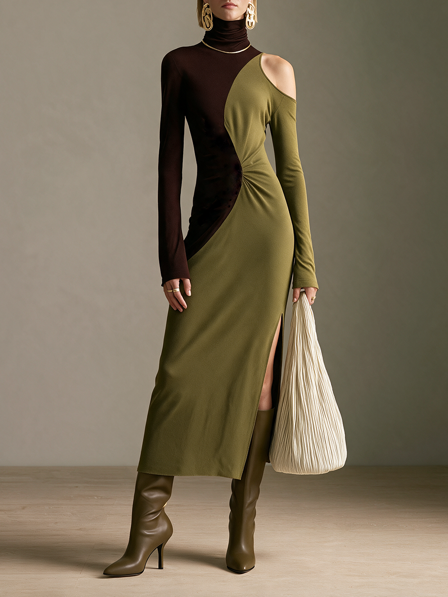 Women's Dark Brown And Olive Green Color-Block Turtleneck Single Cold-Shoulder Slit Maxi Dress