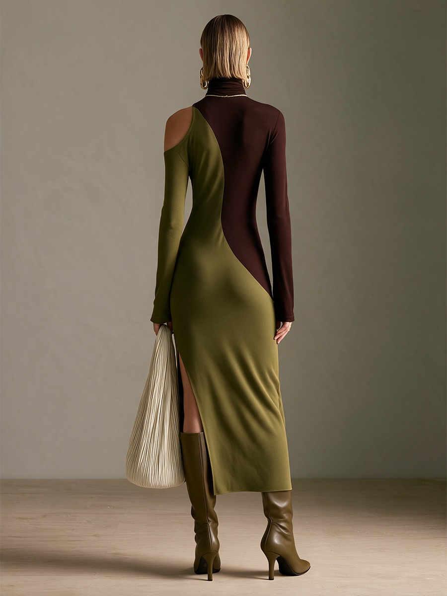 Women's Dark Brown And Olive Green Color-Block Turtleneck Single Cold-Shoulder Slit Maxi Dress