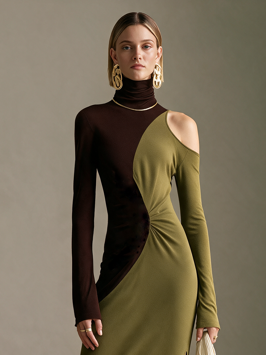 Women's Dark Brown And Olive Green Color-Block Turtleneck Single Cold-Shoulder Slit Maxi Dress