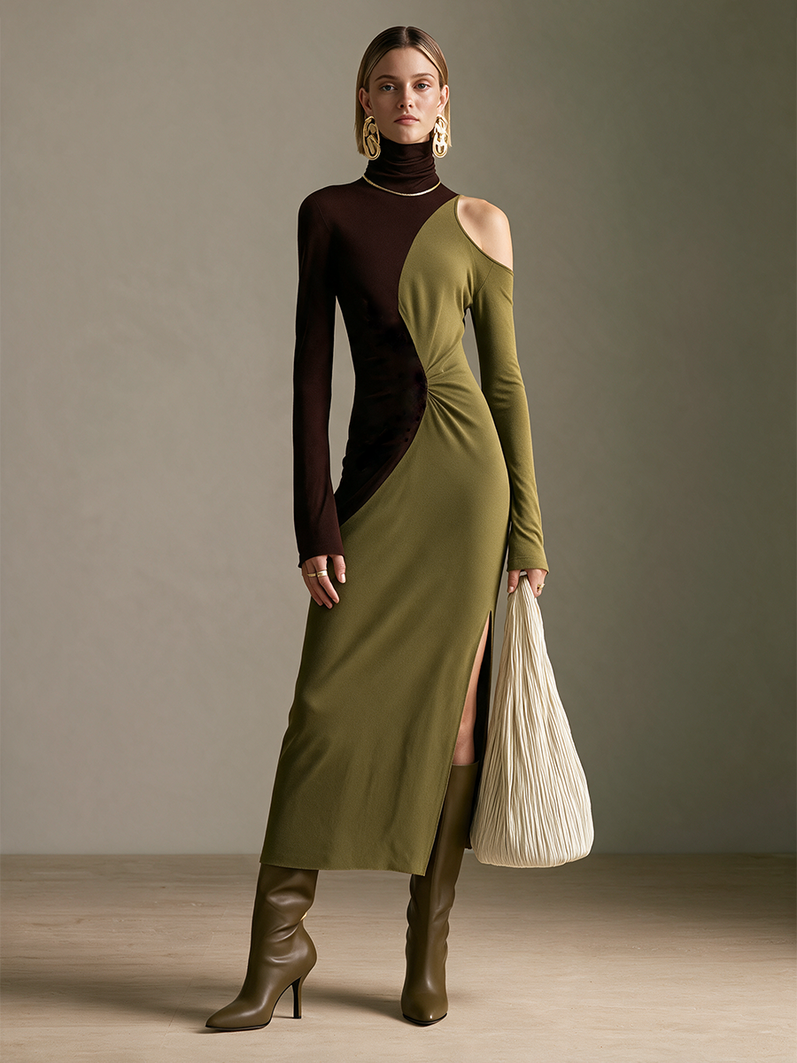 Women's Dark Brown And Olive Green Color-Block Turtleneck Single Cold-Shoulder Slit Maxi Dress