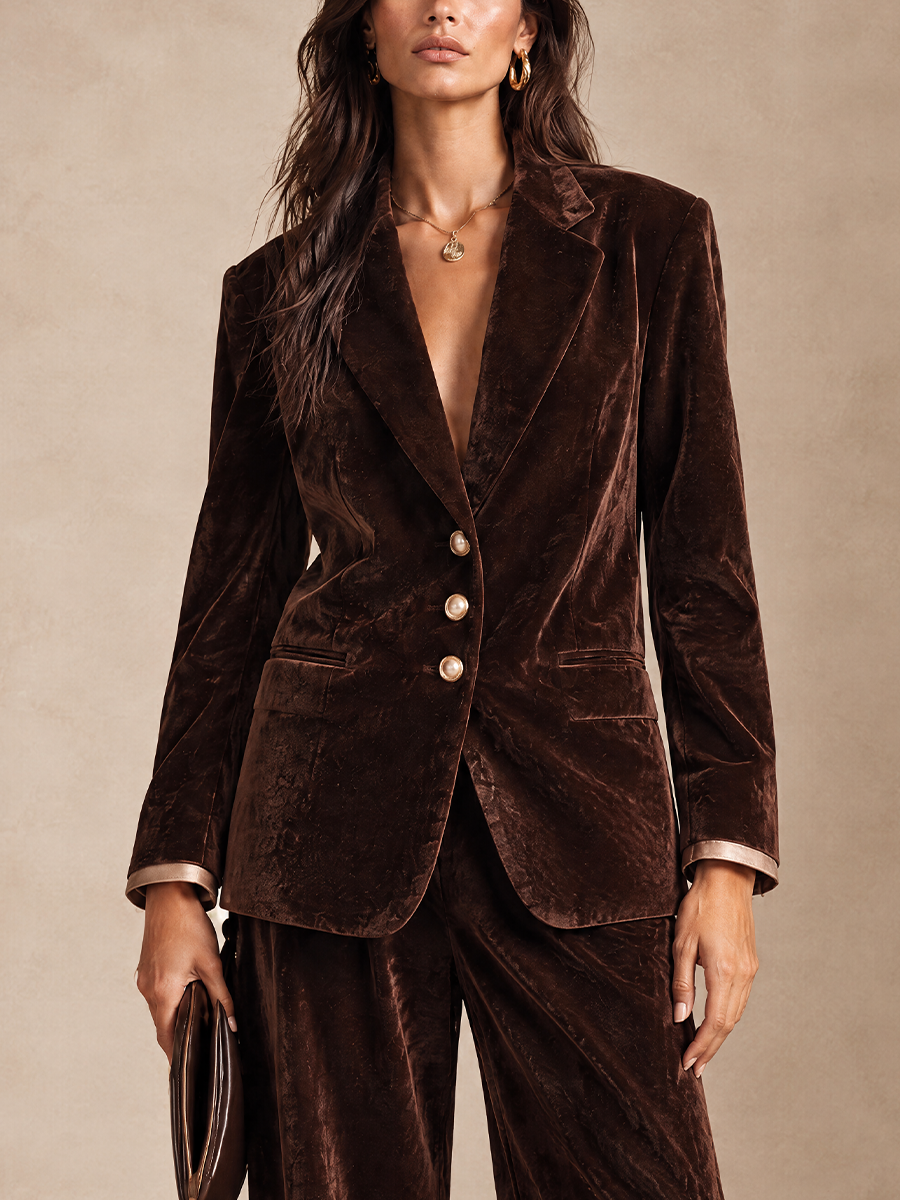 Women's Contrast Button Minimalist Velvet Blazer