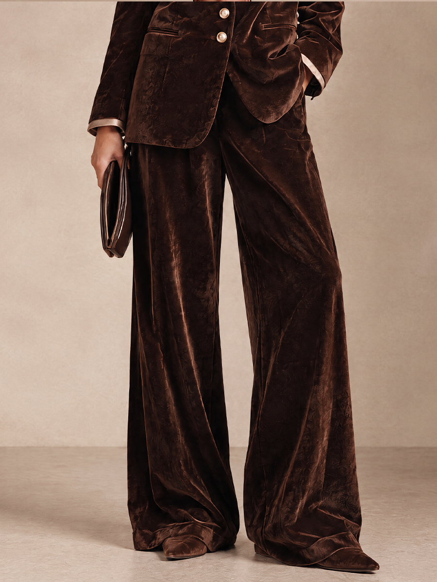 Women's High-Waisted Draped Velvet Wide-Leg Pants