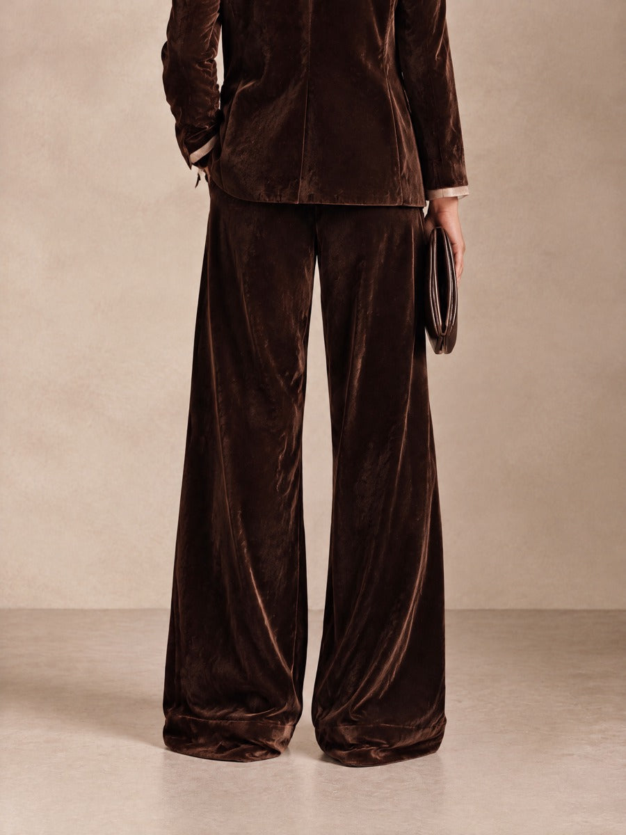 Women's High-Waisted Draped Velvet Wide-Leg Pants