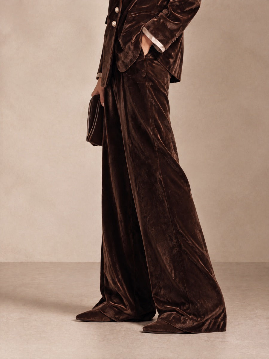 Women's High-Waisted Draped Velvet Wide-Leg Pants