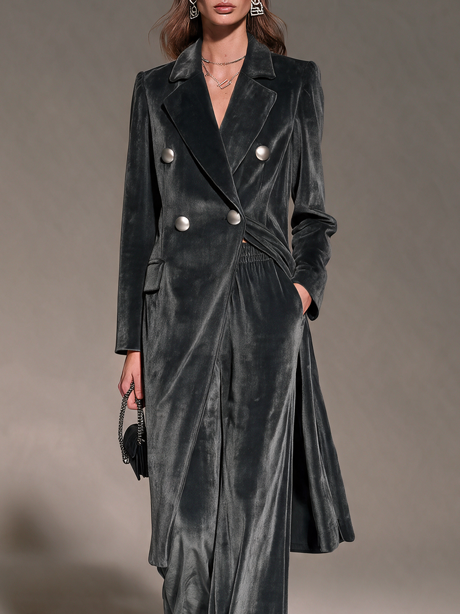Women's Charcoal Velvet Notch Lapel Double-Breasted Cinched-Waist Slit Long Coat
