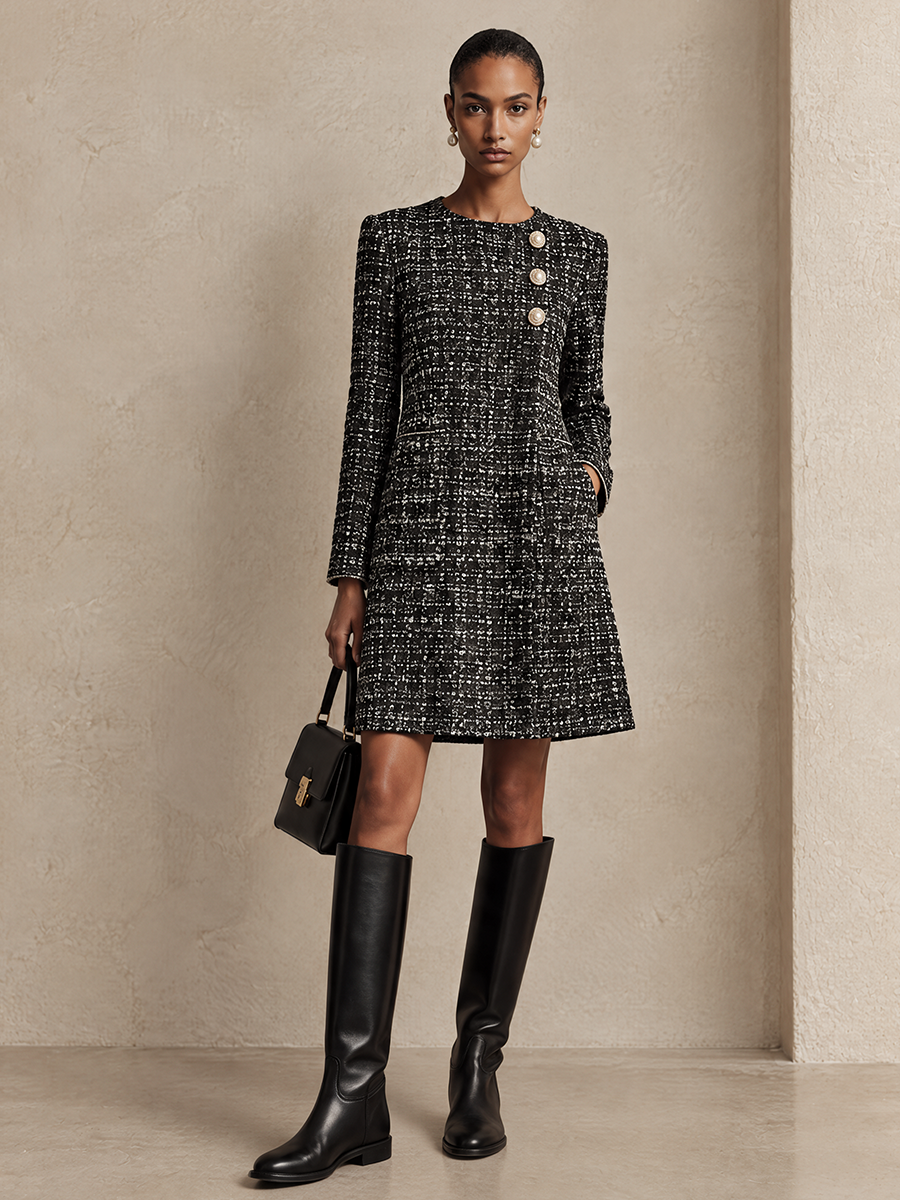 Women's Pearl Button Casual Tweed A-Line Mini Dress