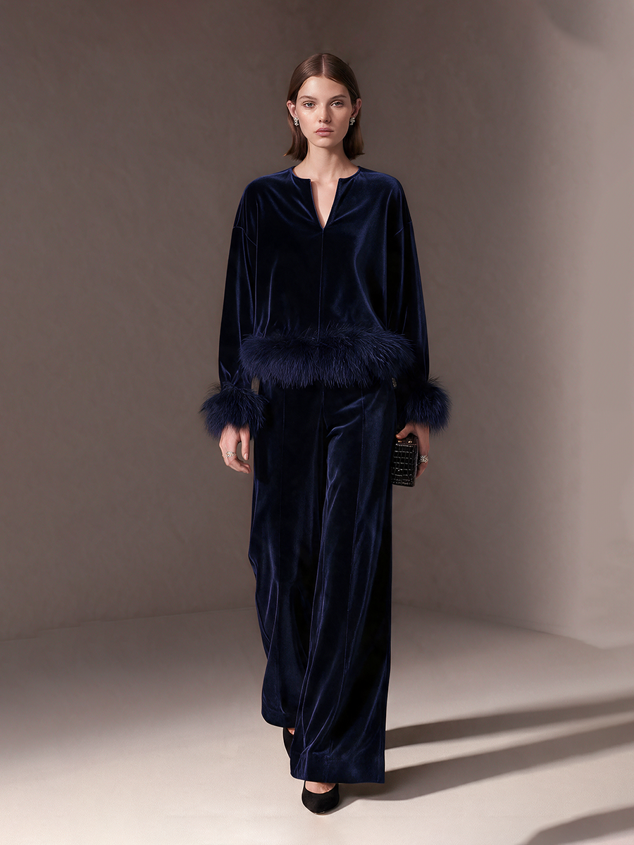 Women's Navy Velvet Artificial Fur Trim Notch-Neck Drop-Shoulder Top And Wide-Leg Trousers Set