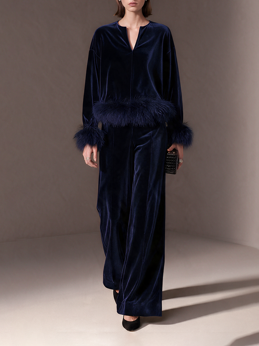Women's Navy Velvet Artificial Fur Trim Notch-Neck Drop-Shoulder Top And Wide-Leg Trousers Set