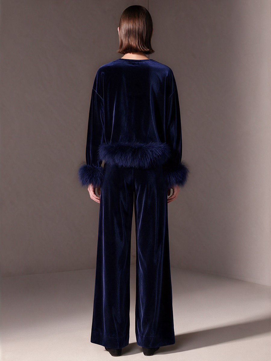 Women's Navy Velvet Artificial Fur Trim Notch-Neck Drop-Shoulder Top And Wide-Leg Trousers Set