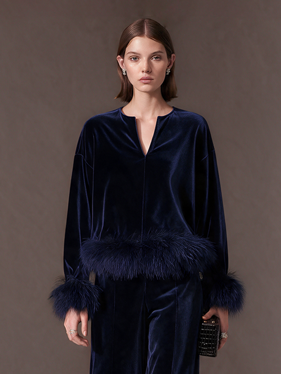 Women's Navy Velvet Artificial Fur Trim Notch-Neck Drop-Shoulder Top And Wide-Leg Trousers Set