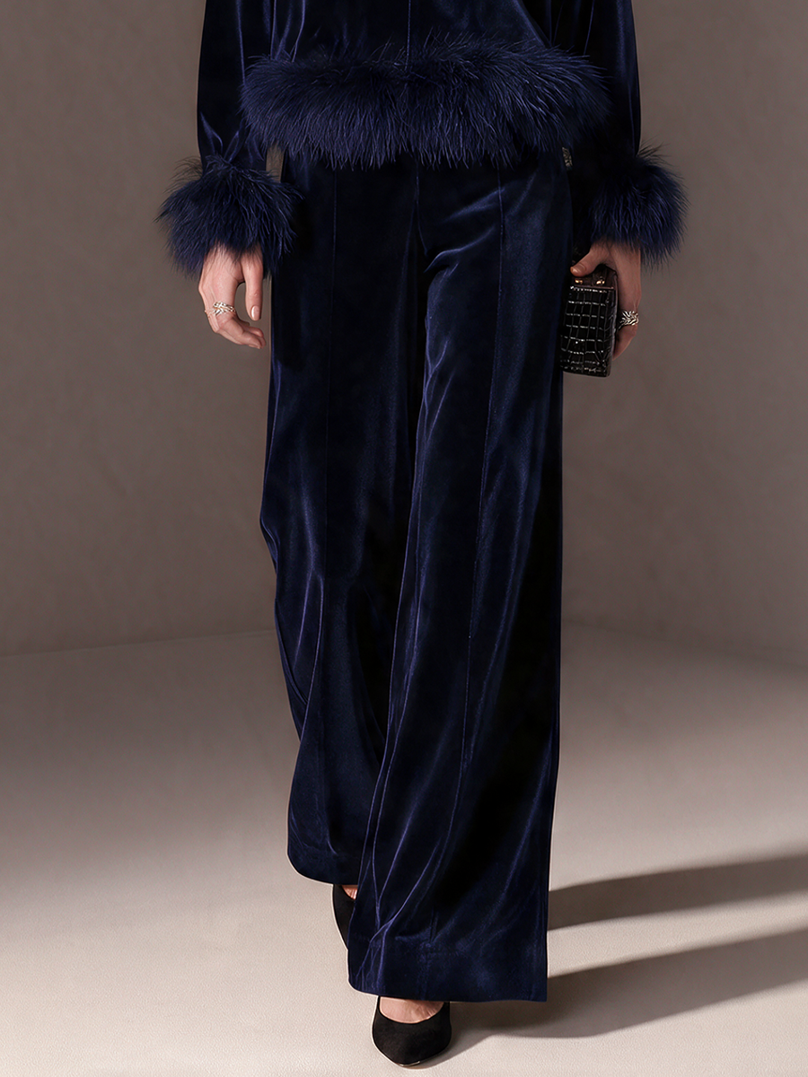 Women's Navy Velvet Artificial Fur Trim Notch-Neck Drop-Shoulder Top And Wide-Leg Trousers Set