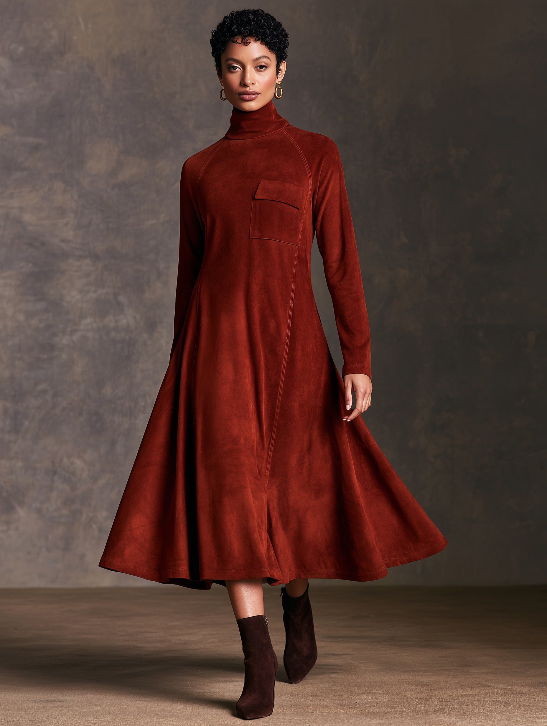 Women's Vintage Suede Turtleneck Midi Dress With Flap Pocket