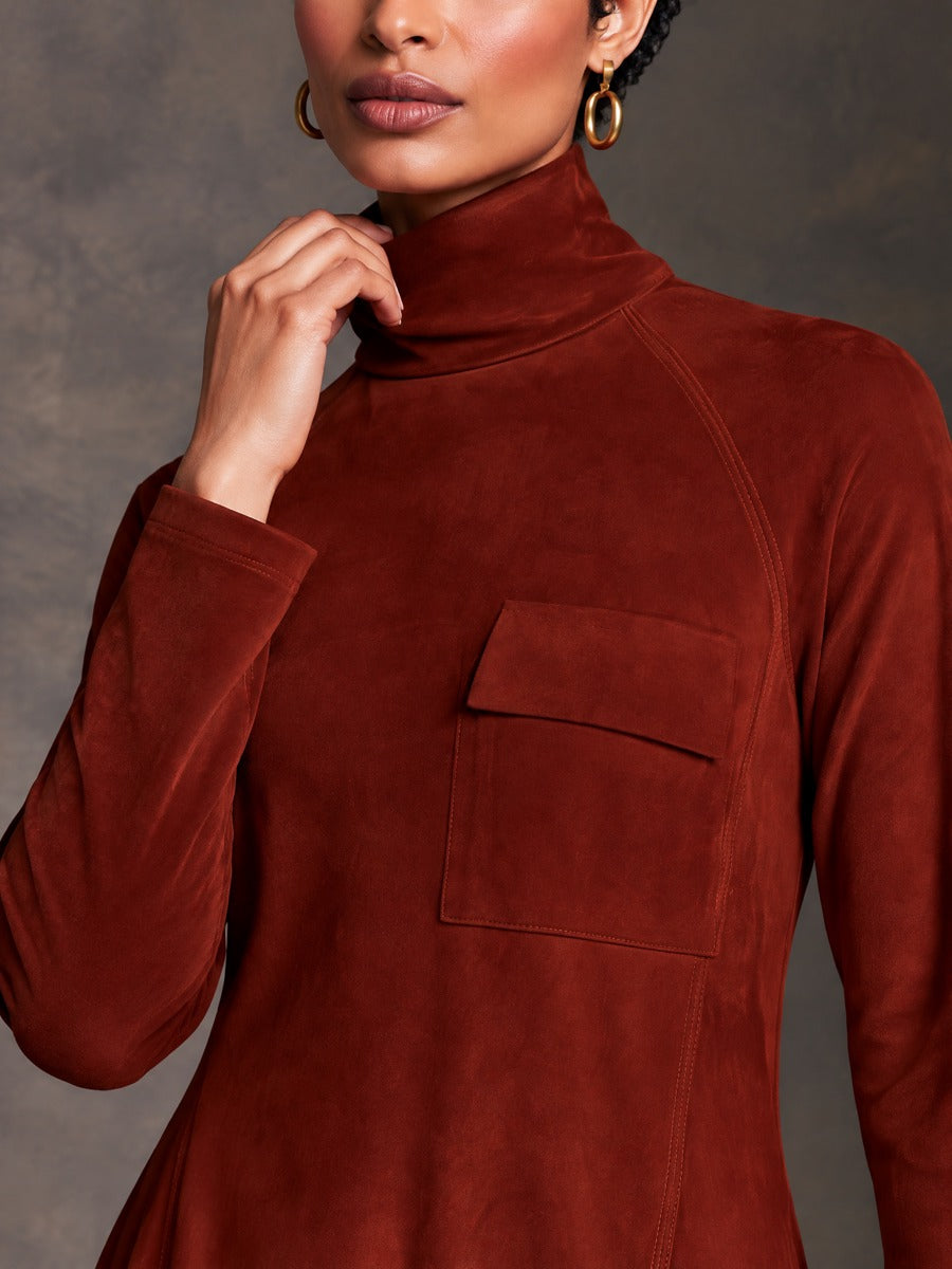 Women's Vintage Suede Turtleneck Midi Dress With Flap Pocket