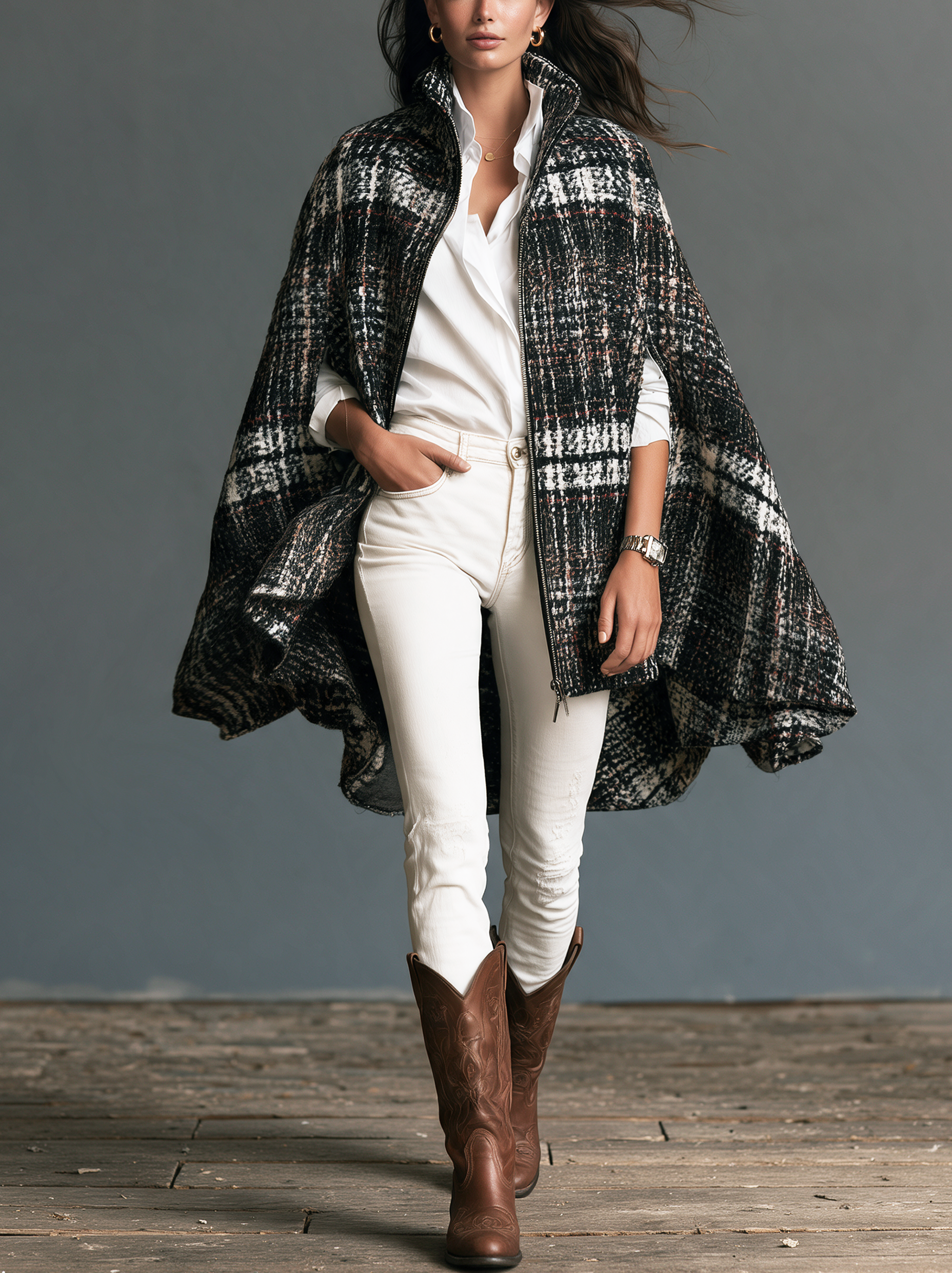 Women’s Casual Black-and-white Sleeveless Cape-style Jacket (Chanel-inspired)