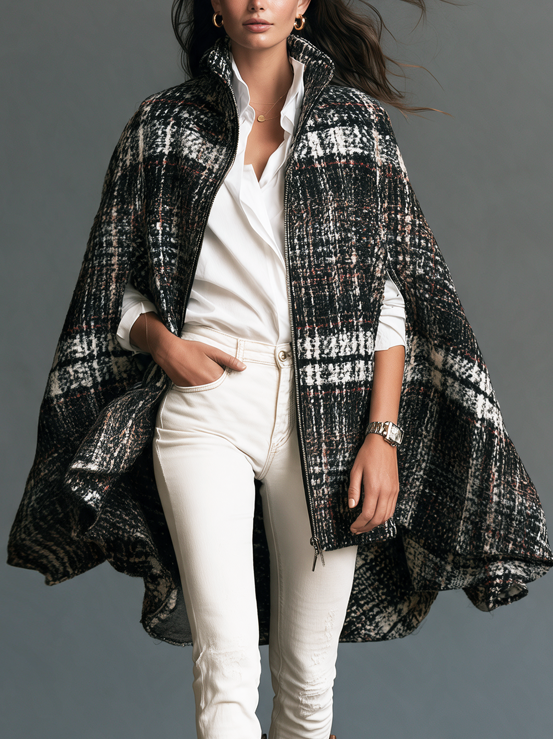 Women’s Casual Black-and-white Sleeveless Cape-style Jacket (Chanel-inspired)