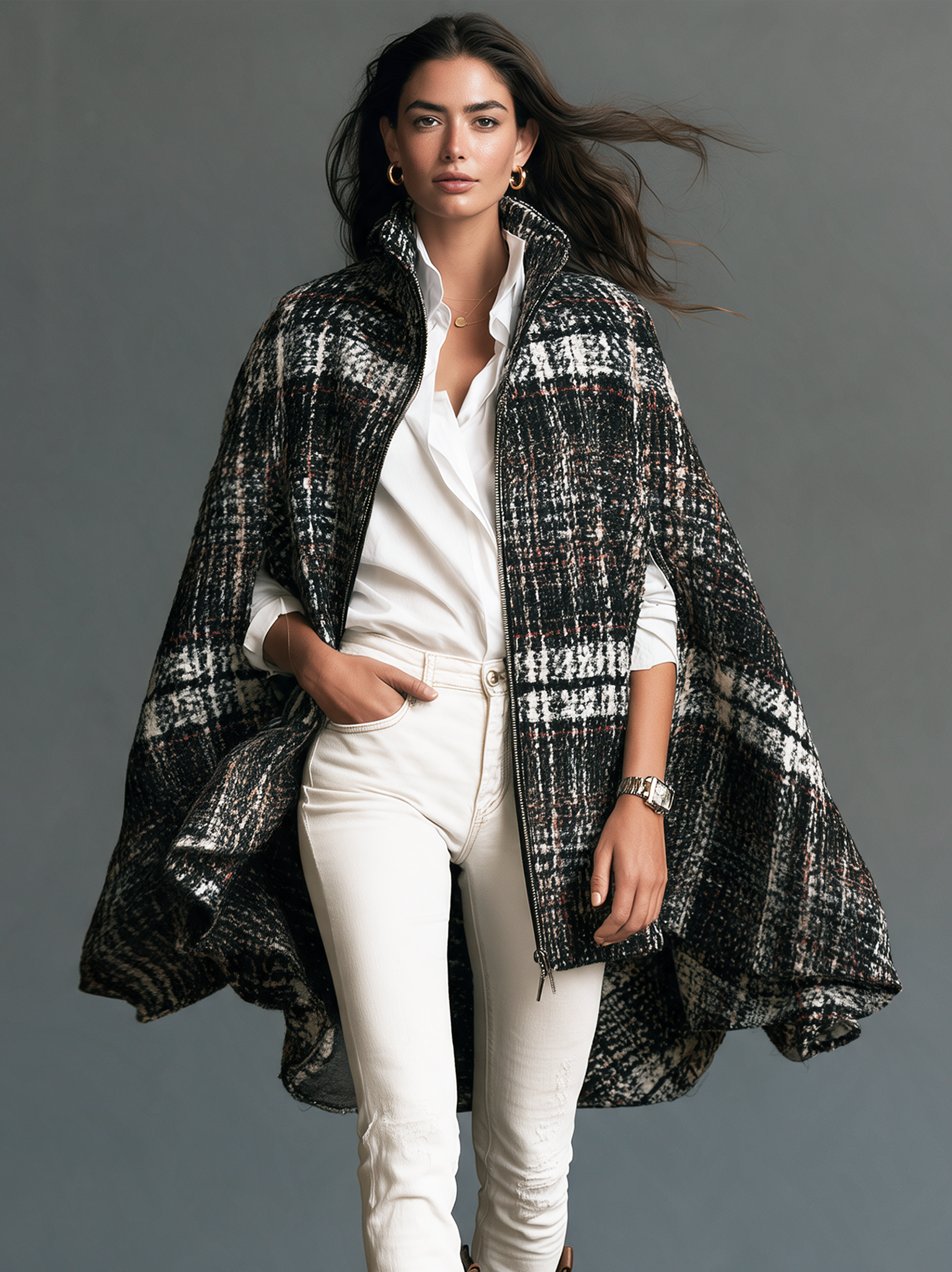 Women’s Casual Black-and-white Sleeveless Cape-style Jacket (Chanel-inspired)