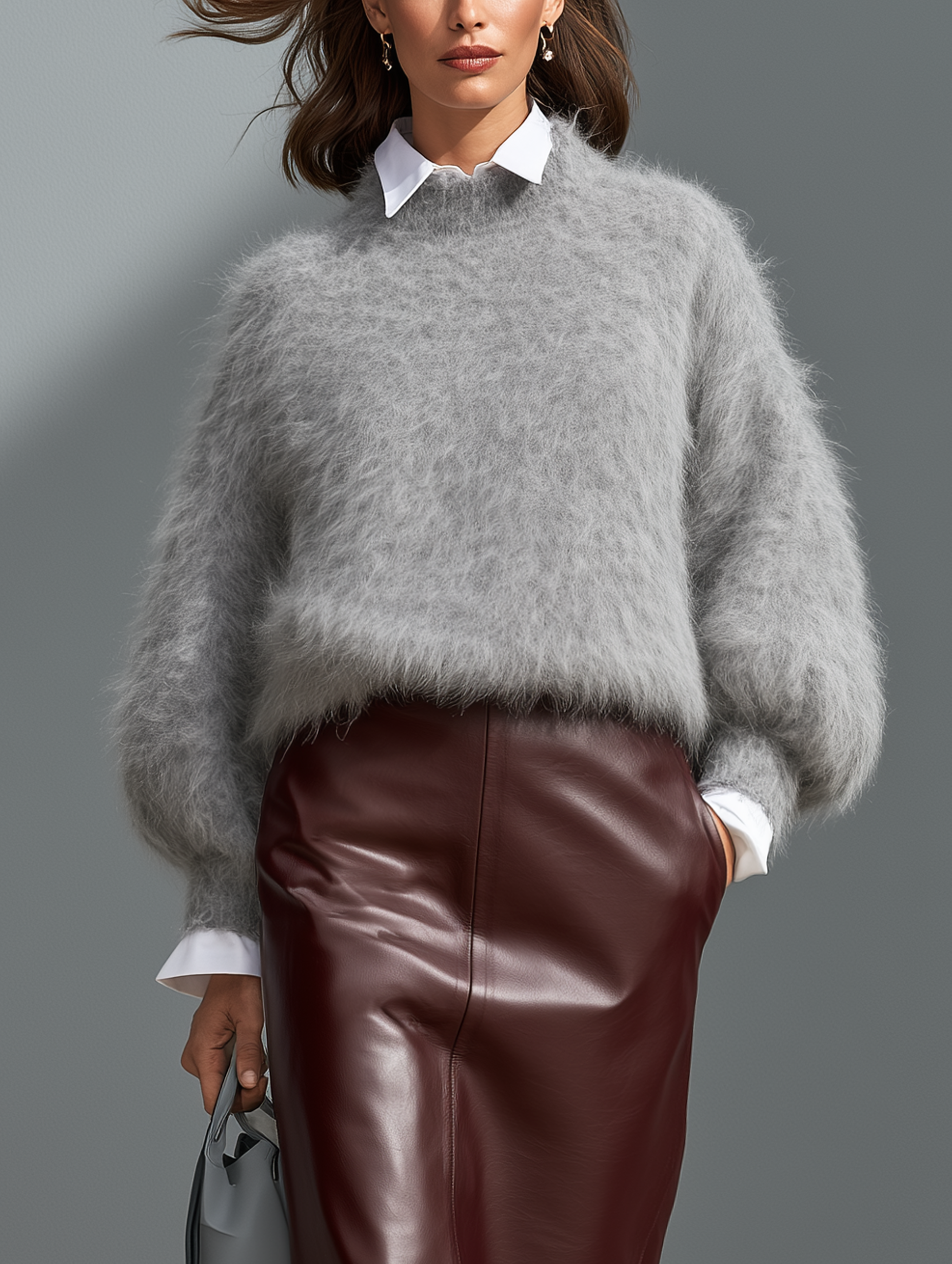 Women’s Casual Grey Knit Sweater With A Faux-layered Collar Design