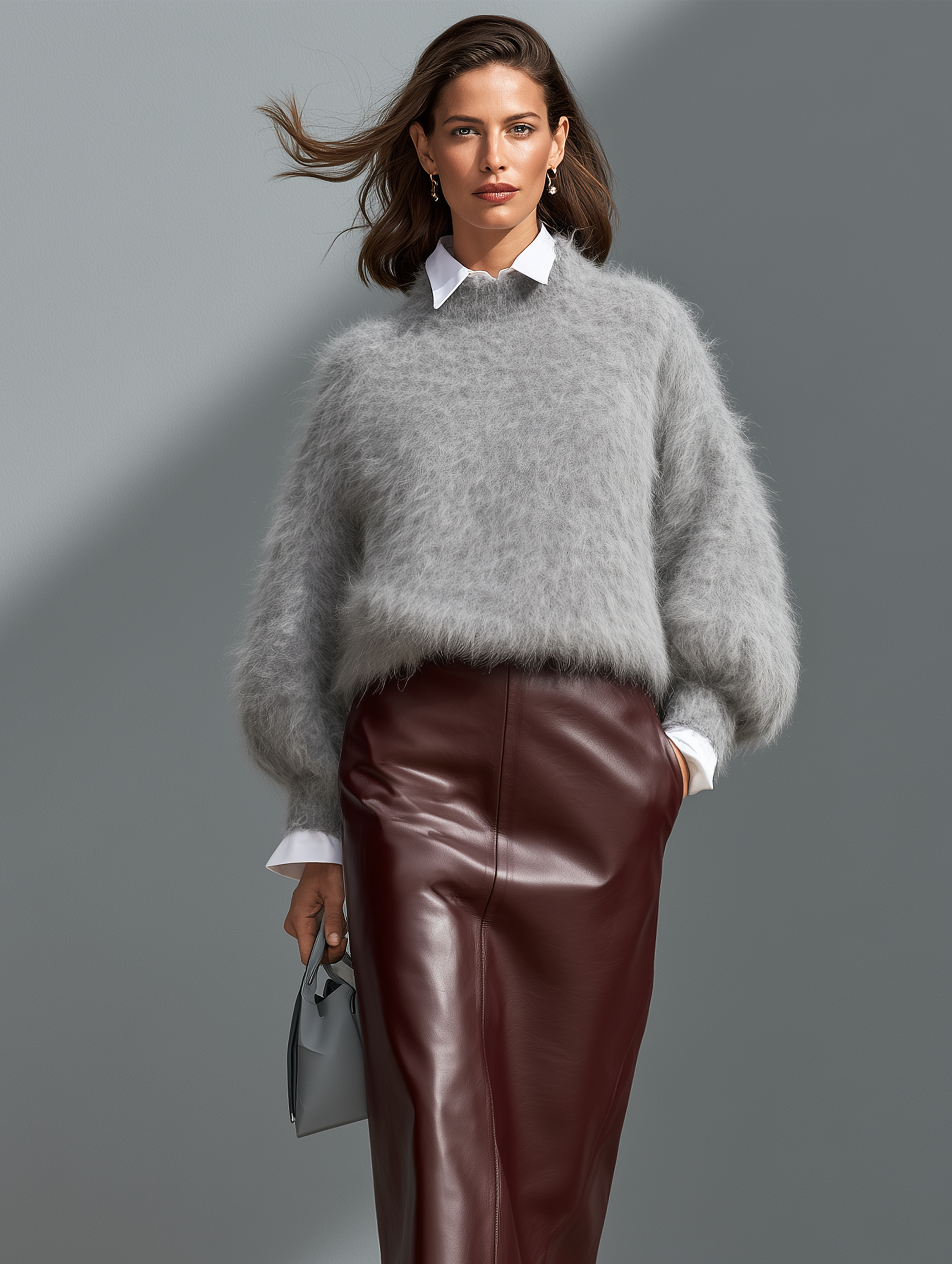 Women’s Casual Grey Knit Sweater With A Faux-layered Collar Design