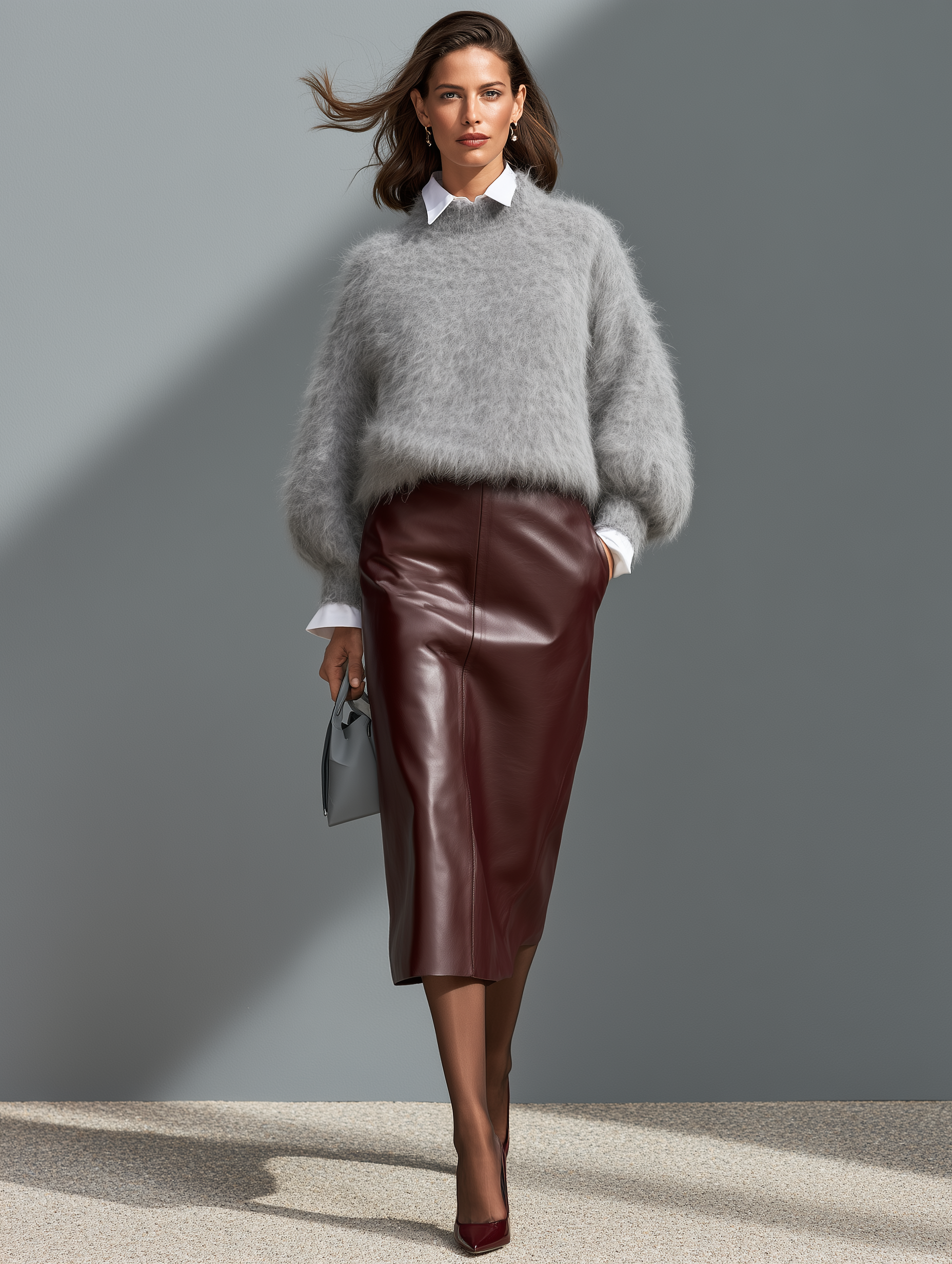 Women’s Casual Dark Red Eco-leather Midi Skirt