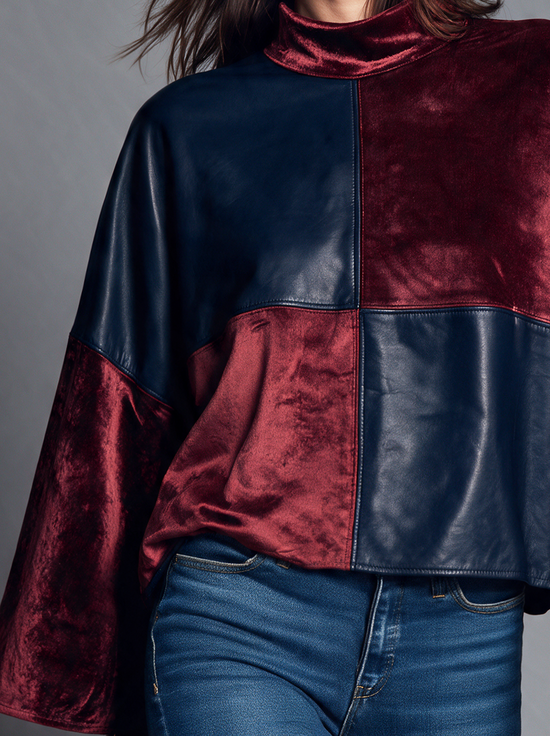 Women’s Long-sleeve Top In Red And Blue, Featuring A Combination Of Velvet And Eco-friendly Leather