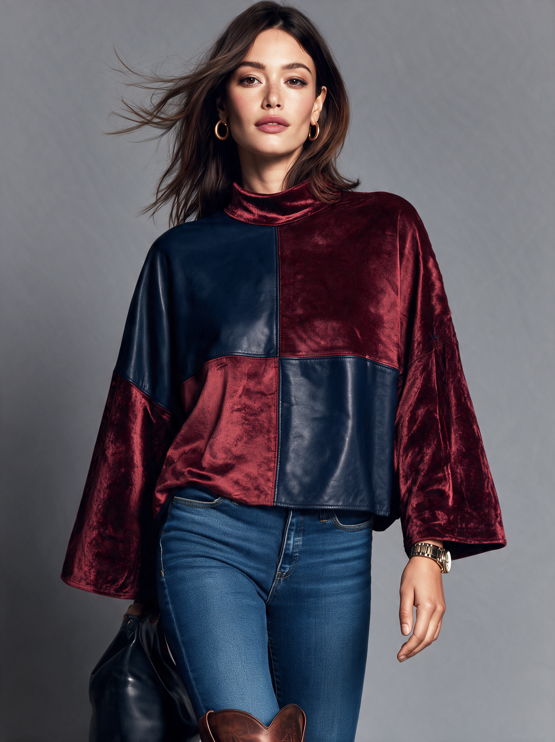 Women’s Long-sleeve Top In Red And Blue, Featuring A Combination Of Velvet And Eco-friendly Leather