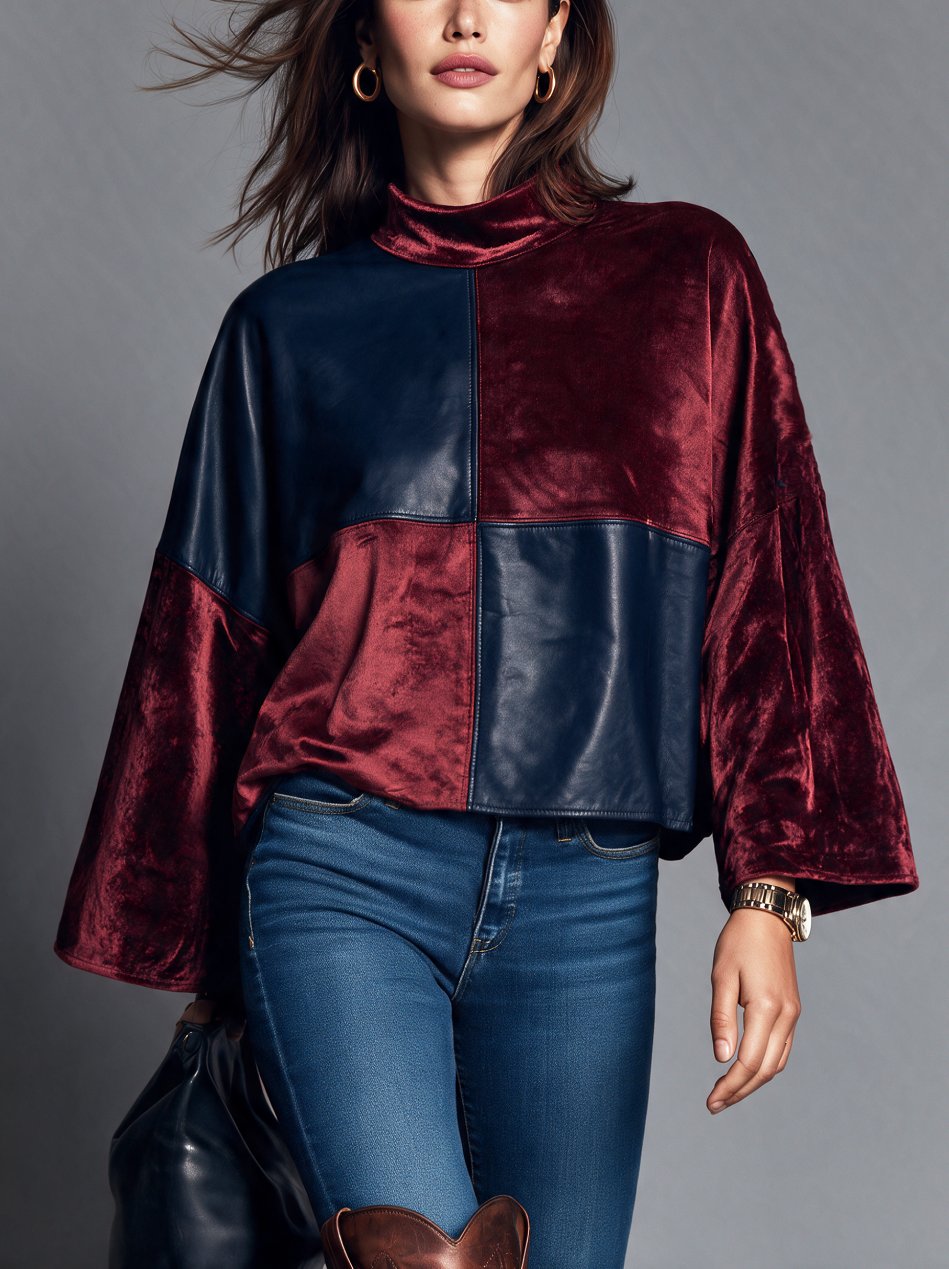 Women’s Long-sleeve Top In Red And Blue, Featuring A Combination Of Velvet And Eco-friendly Leather