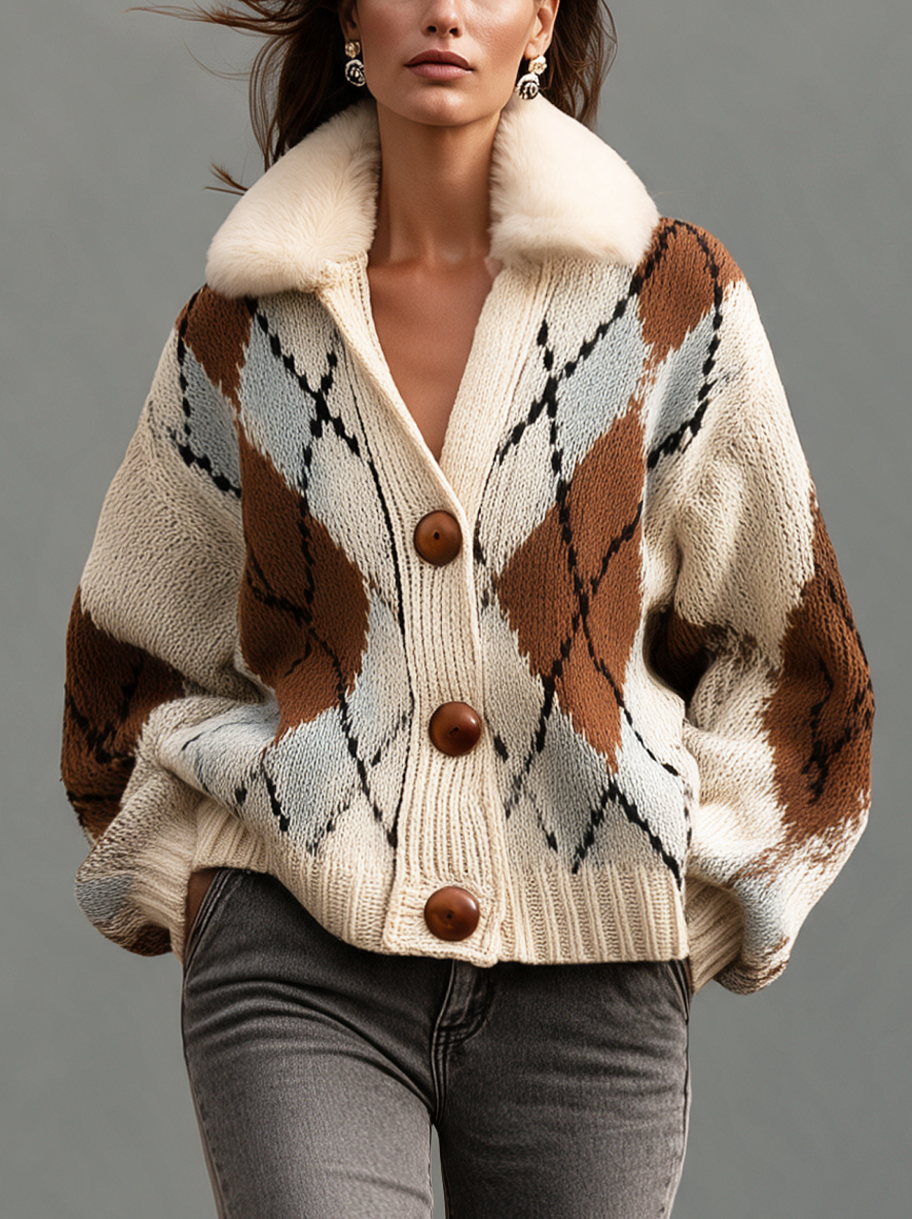 Women’s Casual Beige Long-sleeved Knit Cardigan With A Fur Collar