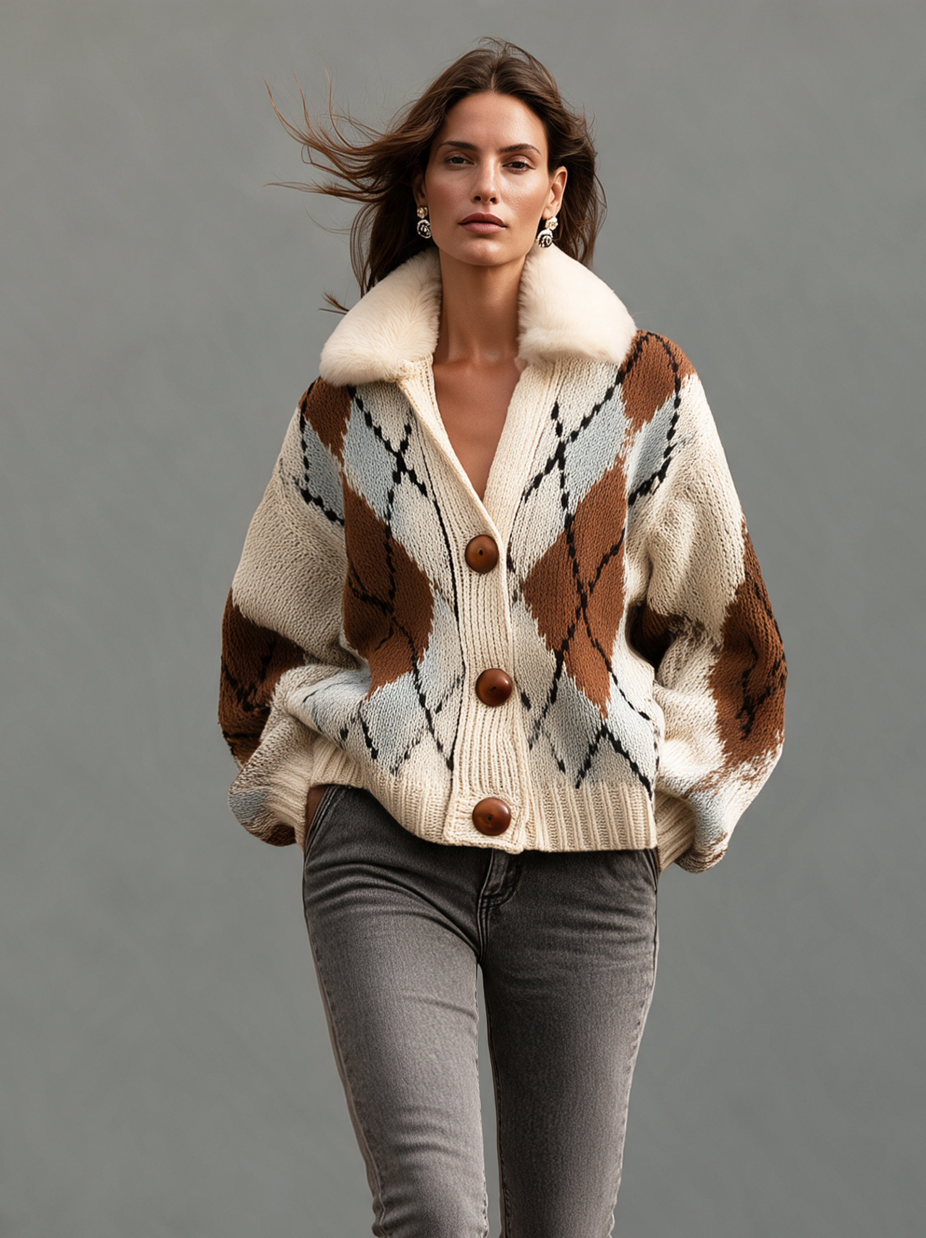 Women’s Casual Beige Long-sleeved Knit Cardigan With A Fur Collar