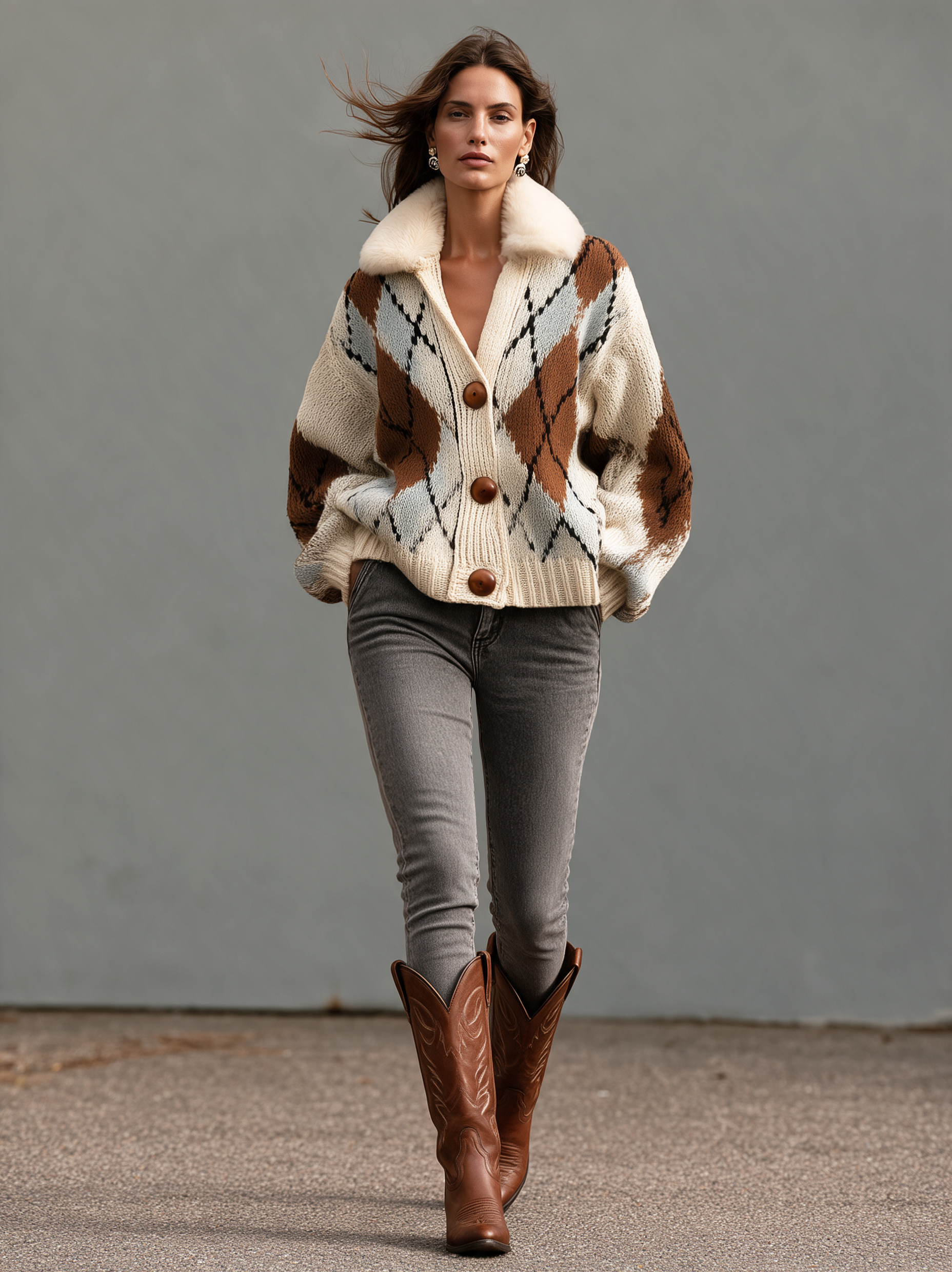 Women’s Casual Beige Long-sleeved Knit Cardigan With A Fur Collar