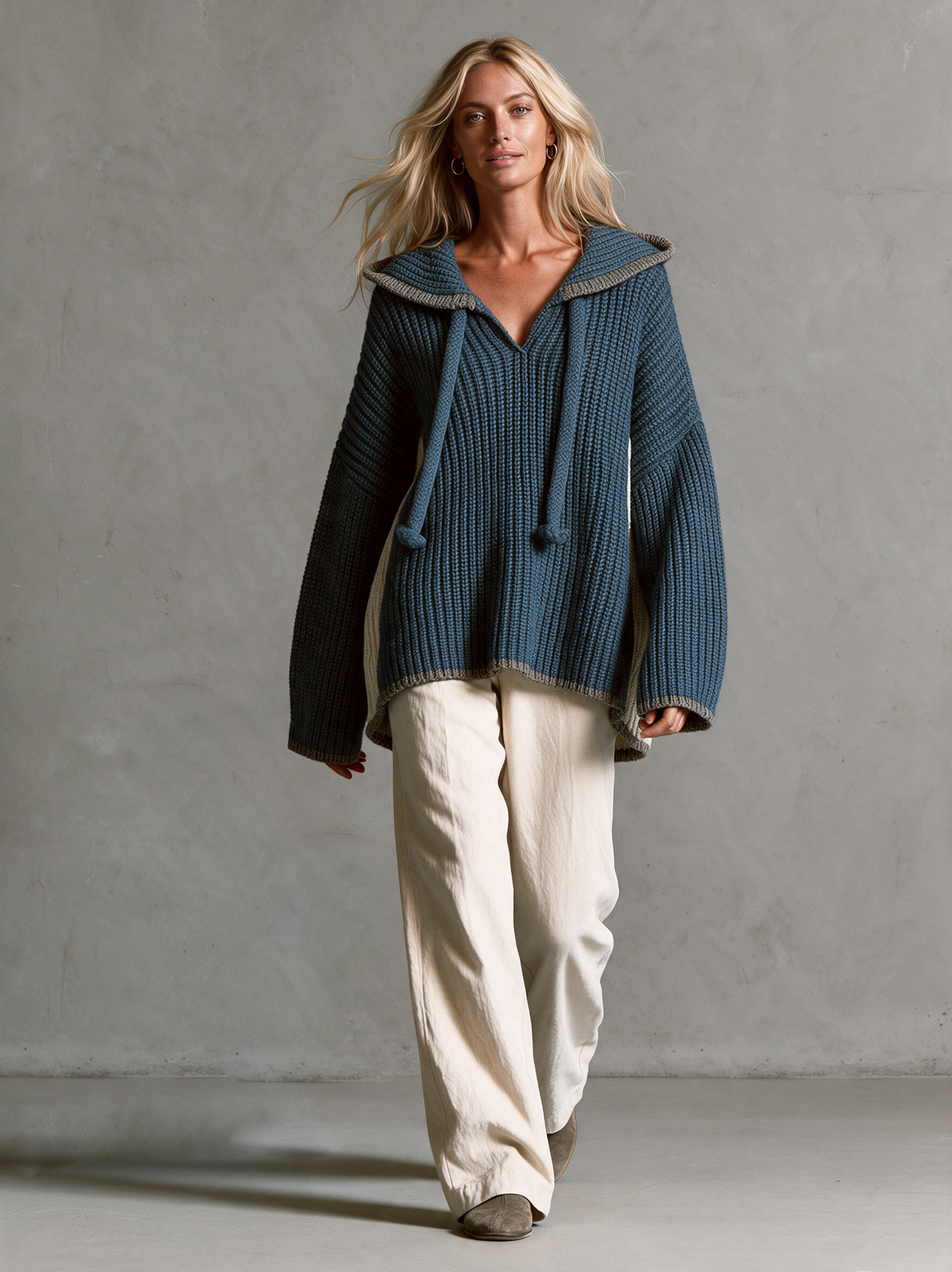 Women's Casual Blue Long-sleeved Hooded Knit Sweater