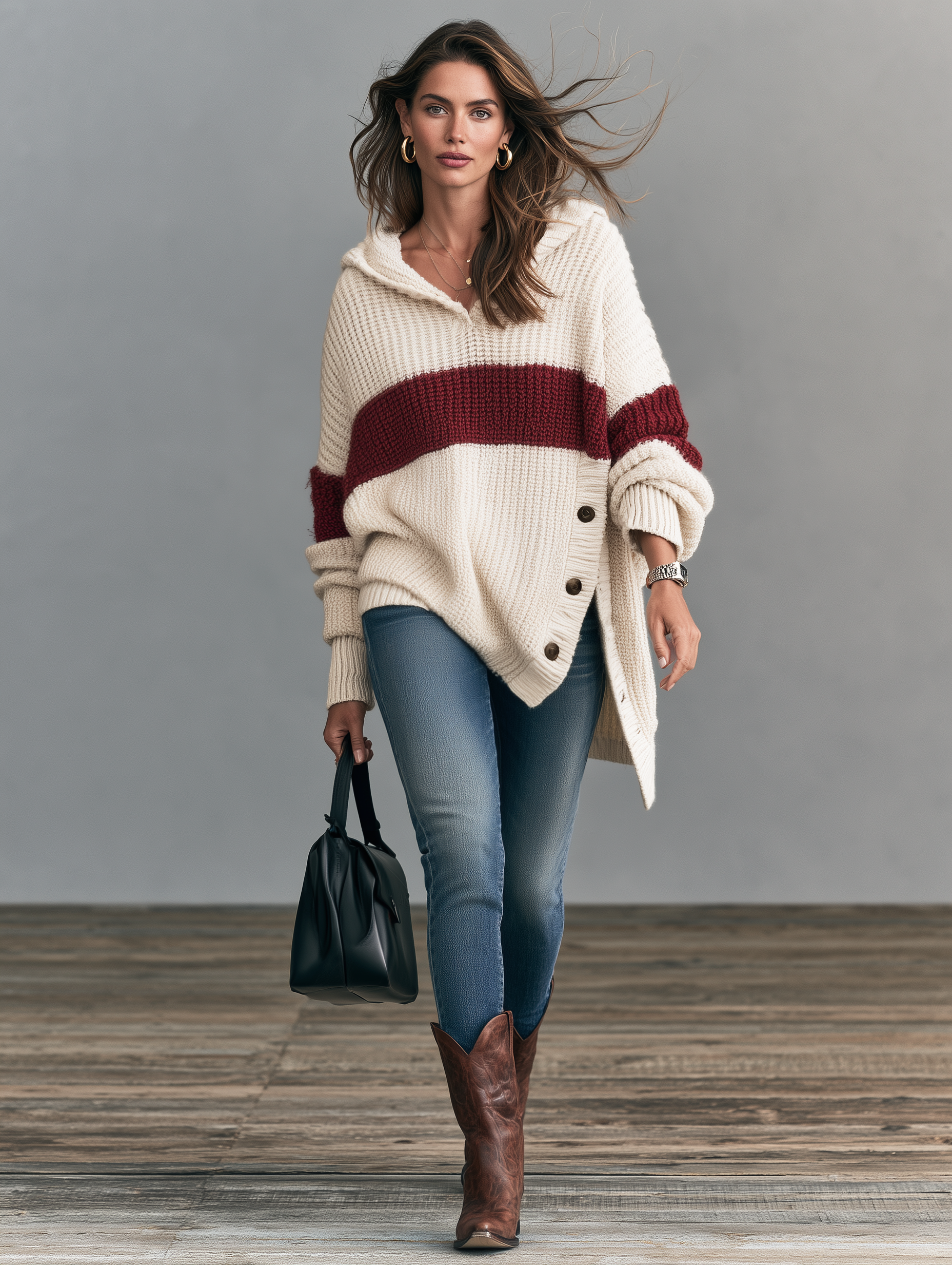 Women’s Casual Beige Long-sleeved Hooded Knit Sweater With Red Stripes