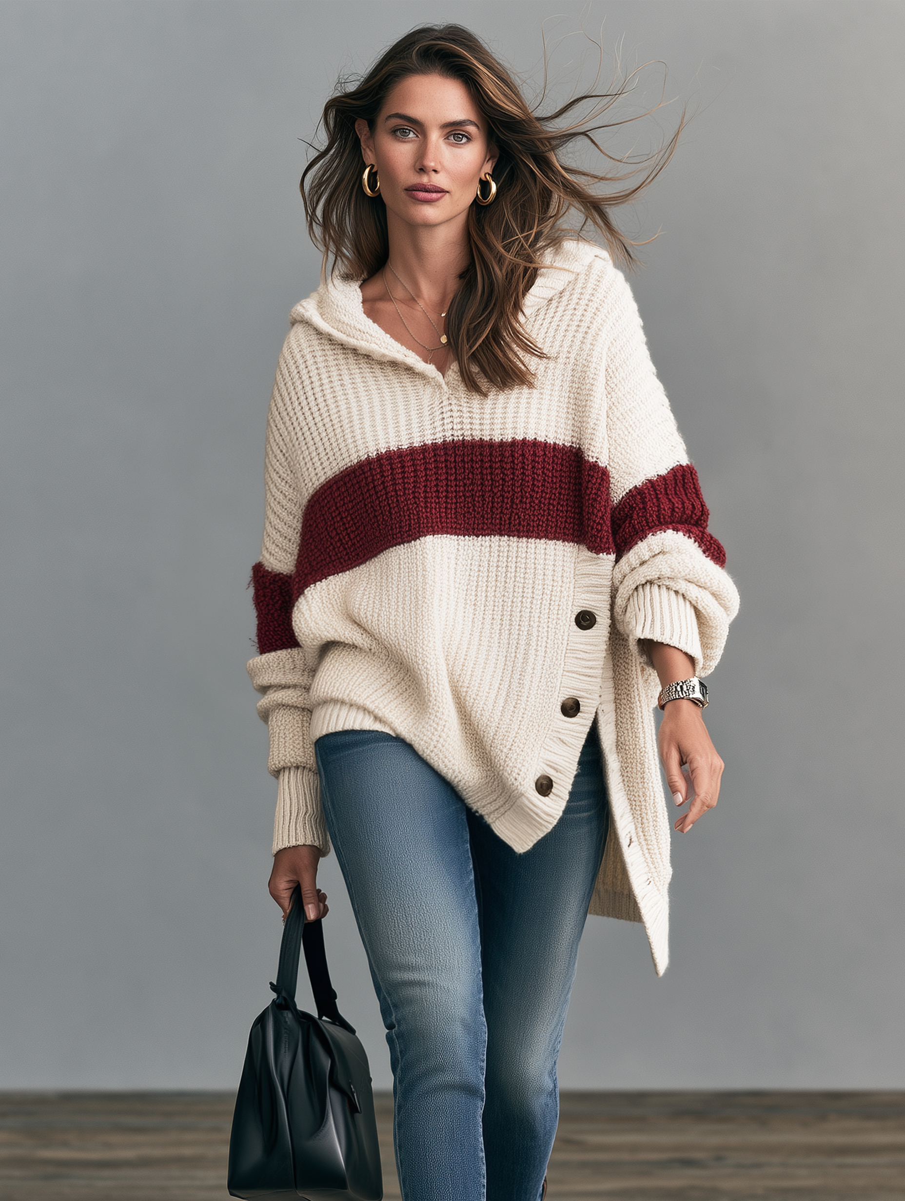 Women’s Casual Beige Long-sleeved Hooded Knit Sweater With Red Stripes
