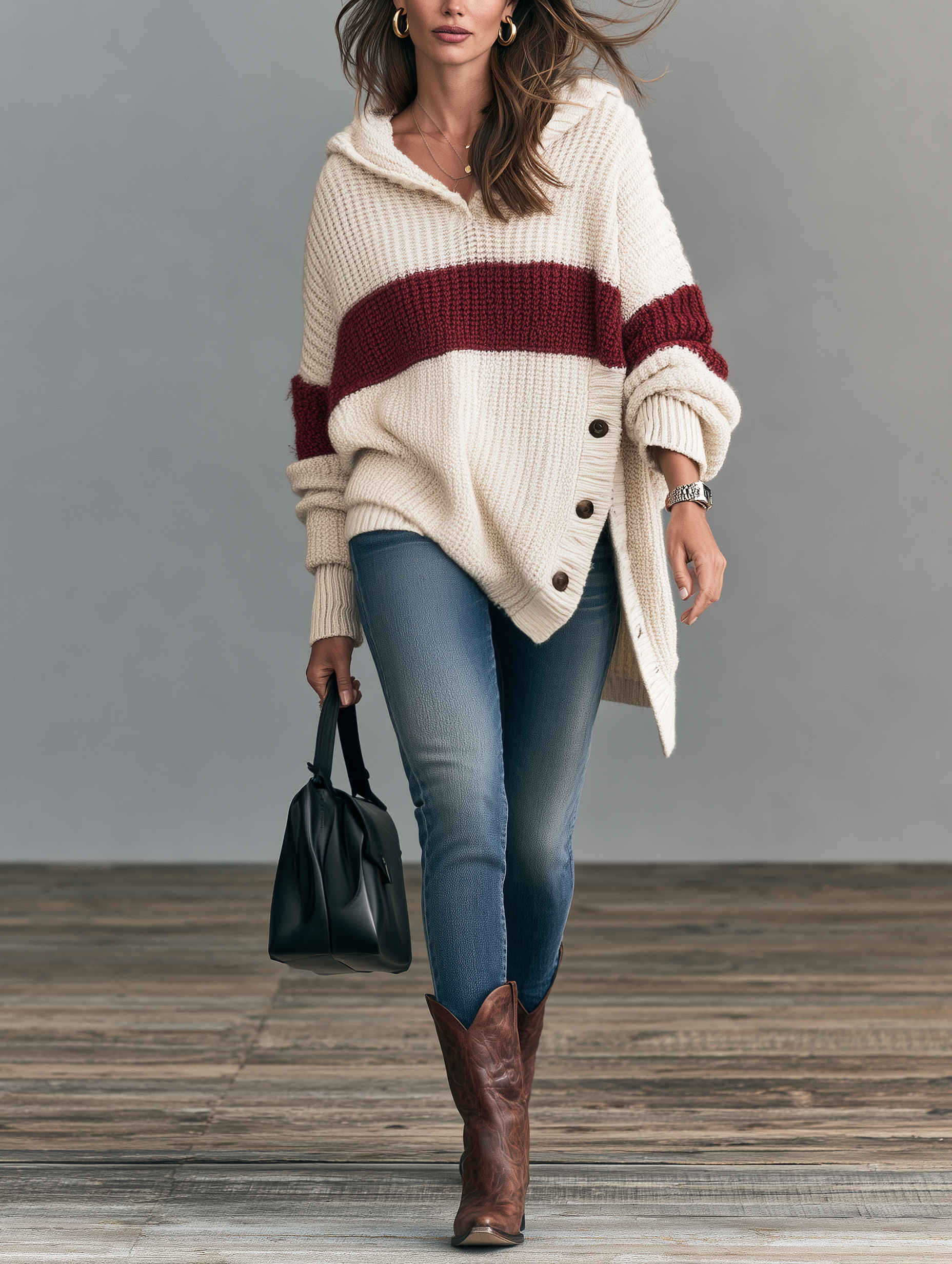 Women’s Casual Beige Long-sleeved Hooded Knit Sweater With Red Stripes