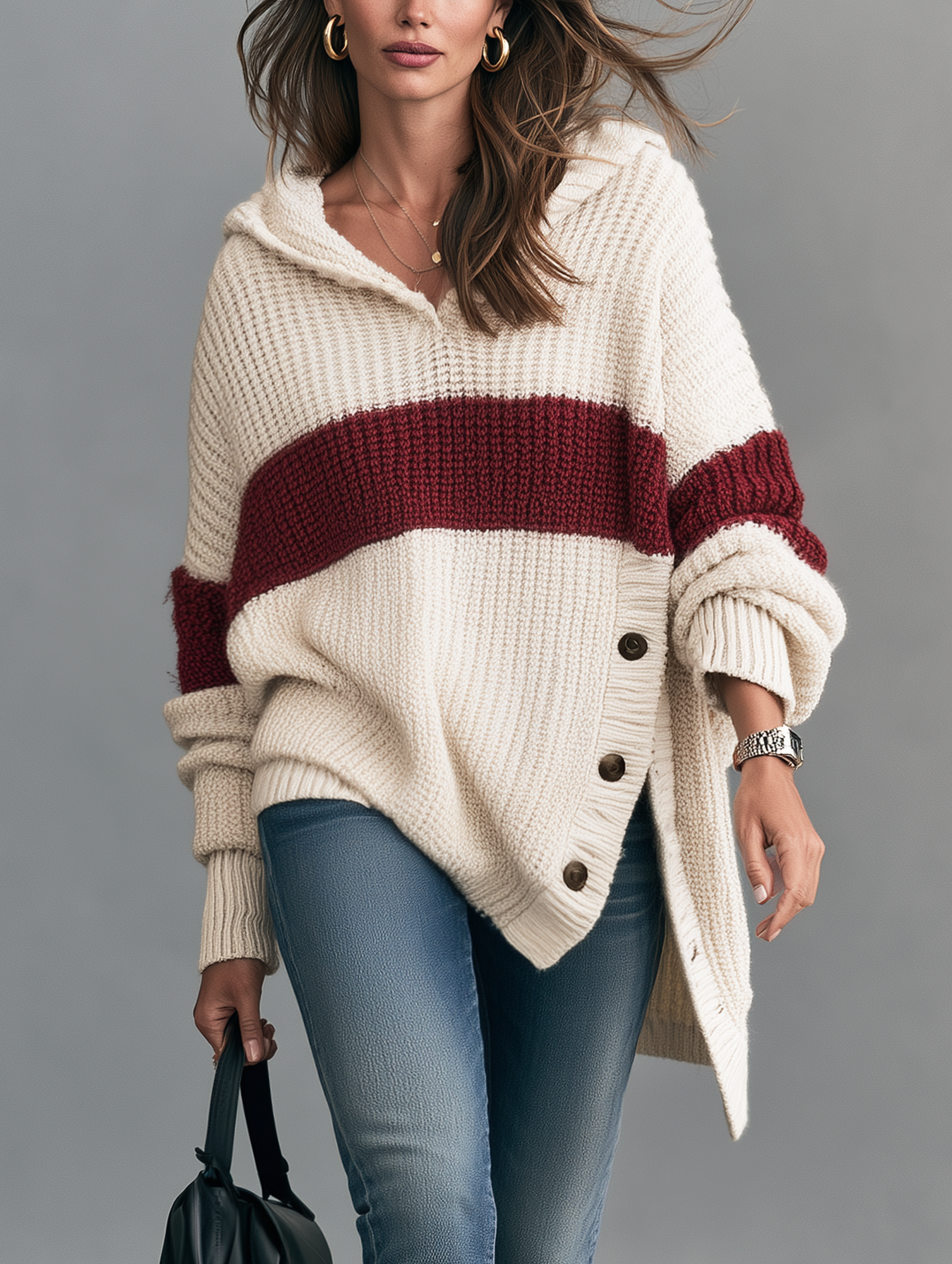 Women’s Casual Beige Long-sleeved Hooded Knit Sweater With Red Stripes