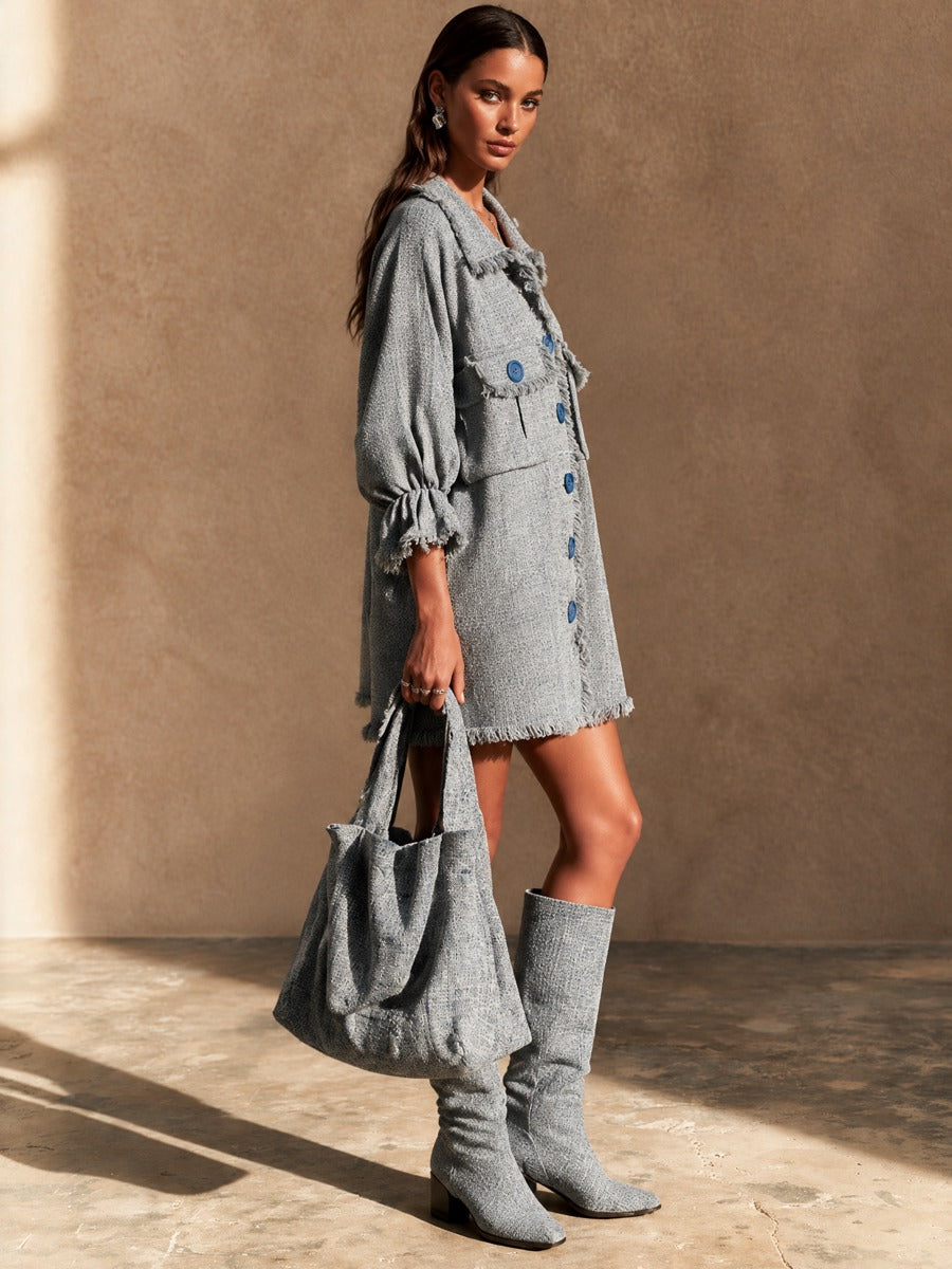 Women's Casual Frayed Trim Contrast Button Mini Dress