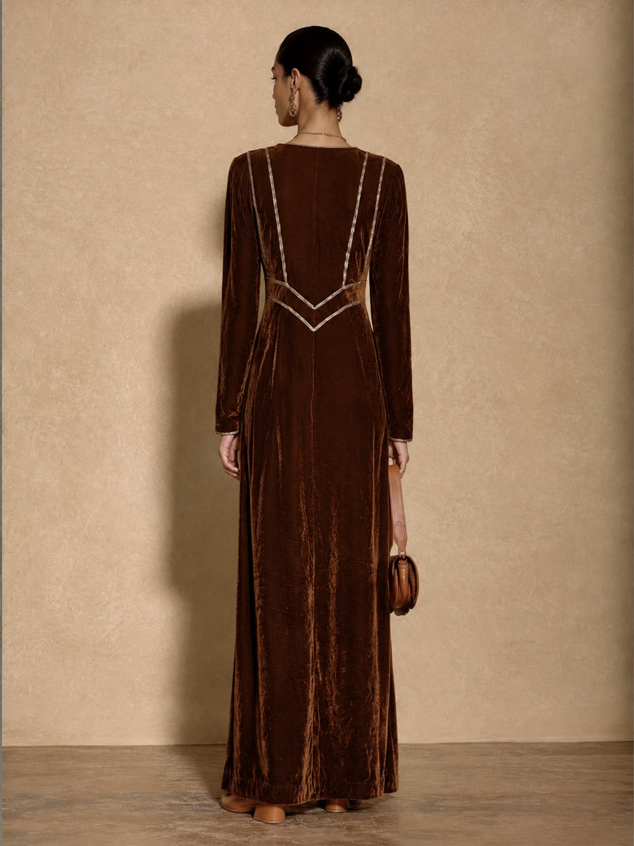 Women's Silver Trim Elegant V-Neck Velvet Maxi Dress