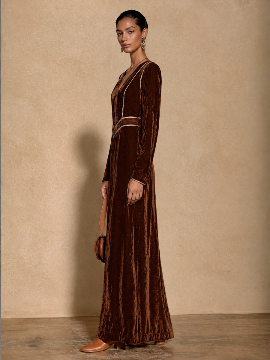 Women's Silver Trim Elegant V-Neck Velvet Maxi Dress