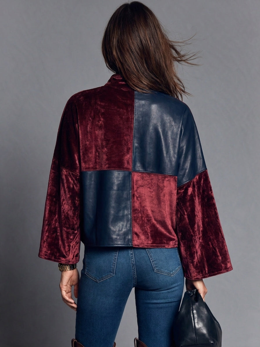 Women’s Long-sleeve Top In Red And Blue, Featuring A Combination Of Velvet And Eco-friendly Leather