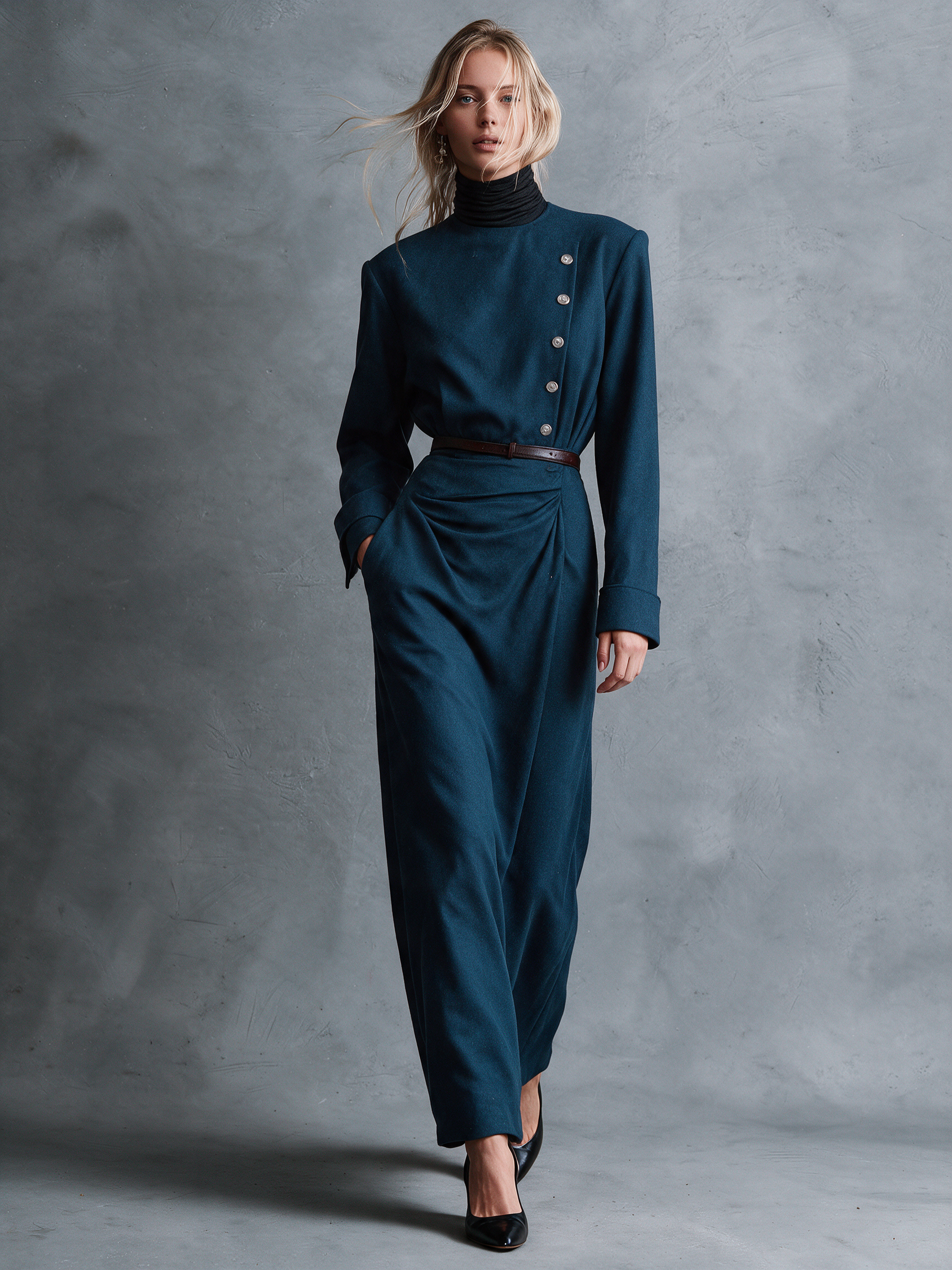 Women's Teal Mock‑Neck Asymmetric Button‑Front Padded Shoulder Wrap Skirt Long Sleeve Maxi Dress