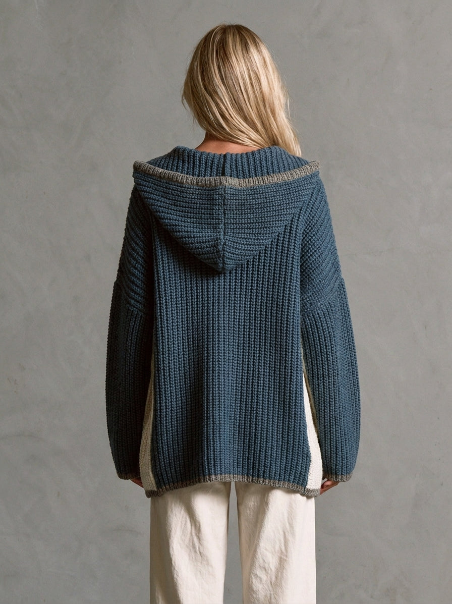 Women's Casual Blue Long-sleeved Hooded Knit Sweater