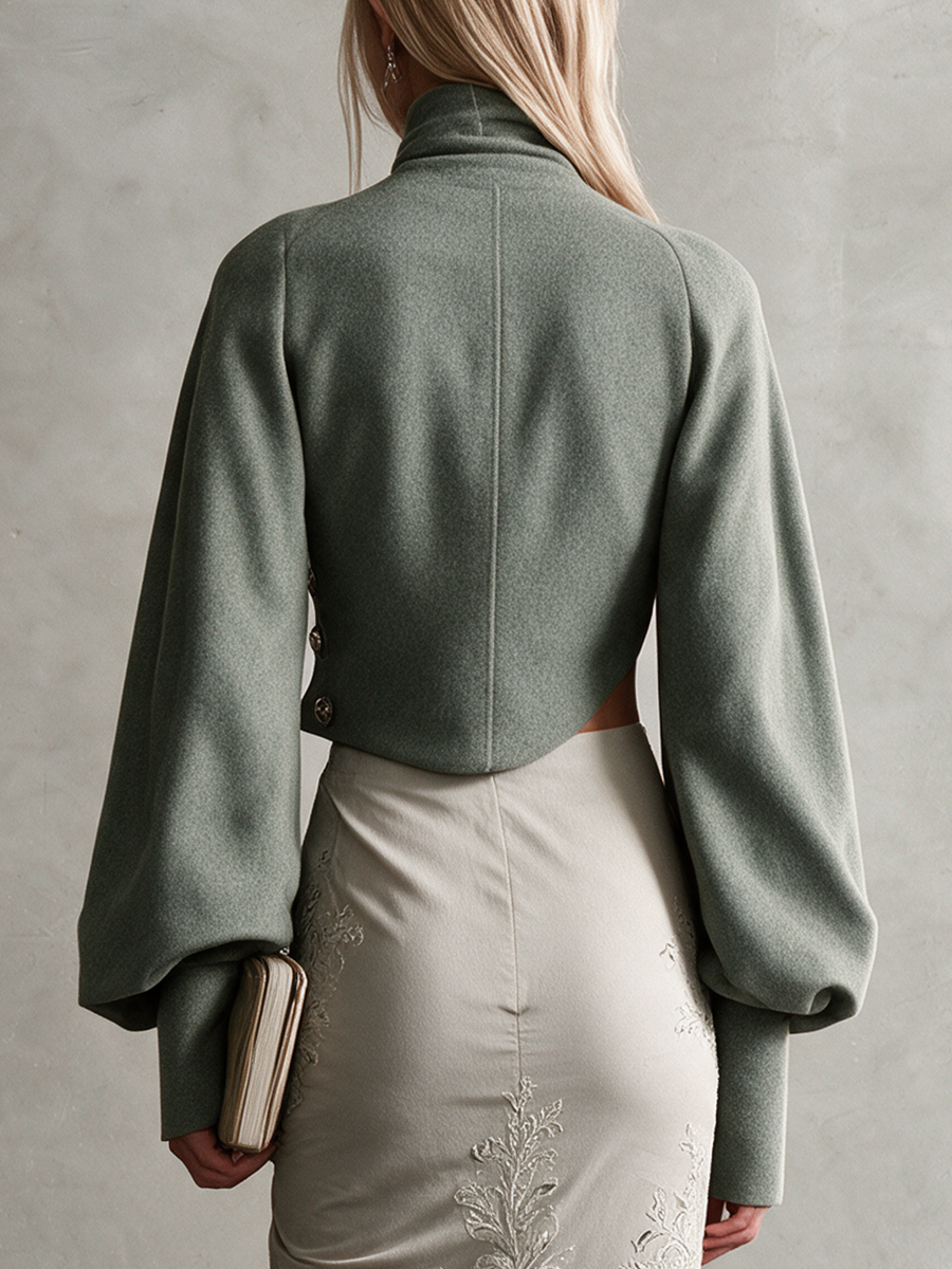 Women's Sage Green Mock‑Neck Asymmetric Button‑Front Cropped Jacket With Puff Sleeves