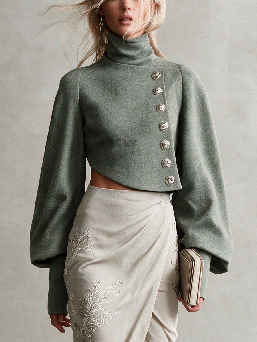 Women's Sage Green Mock‑Neck Asymmetric Button‑Front Cropped Jacket With Puff Sleeves