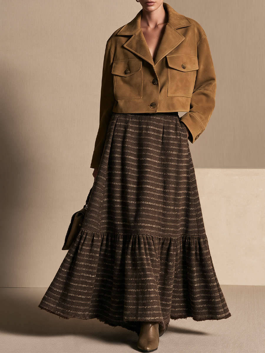 Women's Frayed Hem Striped Brown Long Skirt