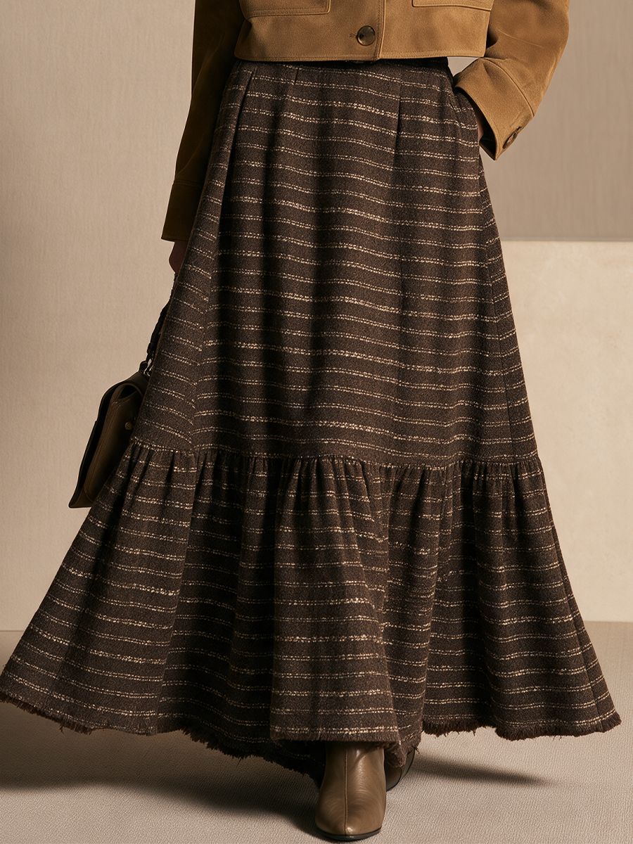 Women's Frayed Hem Striped Brown Long Skirt