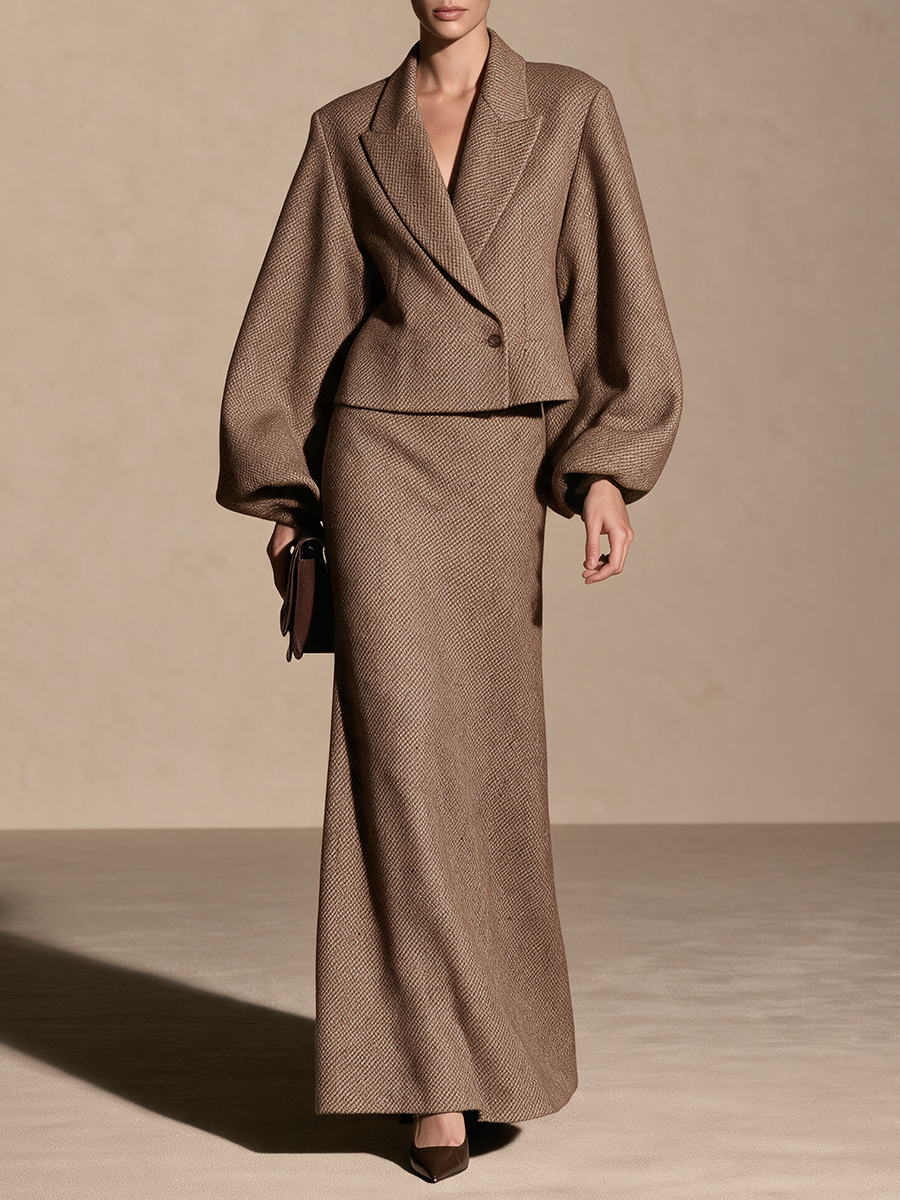 Women's Woolen Lapel Blazer Brown Maxi Skirt Set