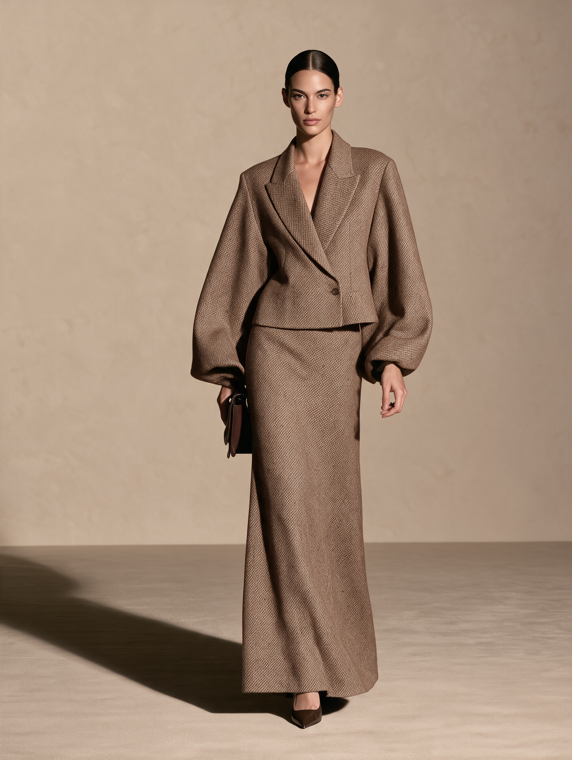 Women's Woolen Lapel Blazer Brown Maxi Skirt Set