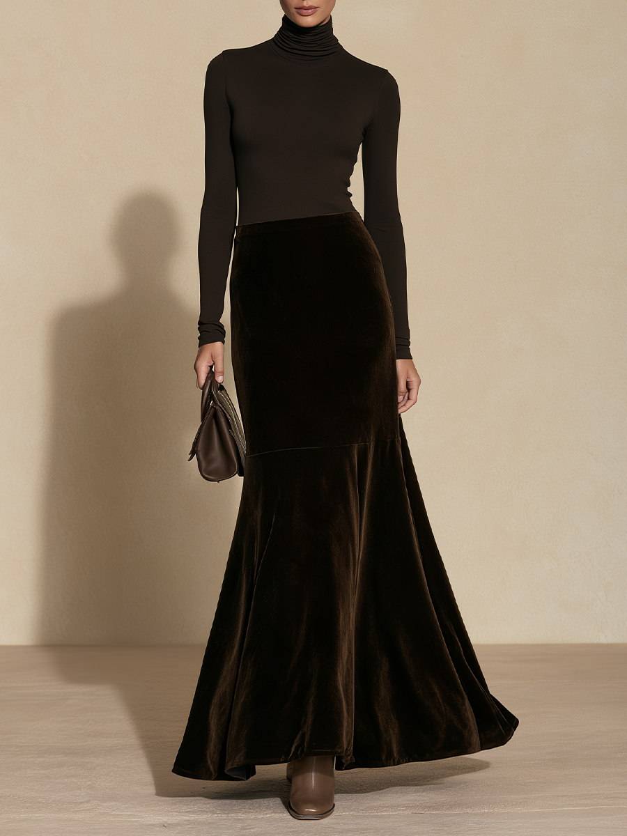Women's Turtleneck Top Velvet Mermaid Skirt Brown Set